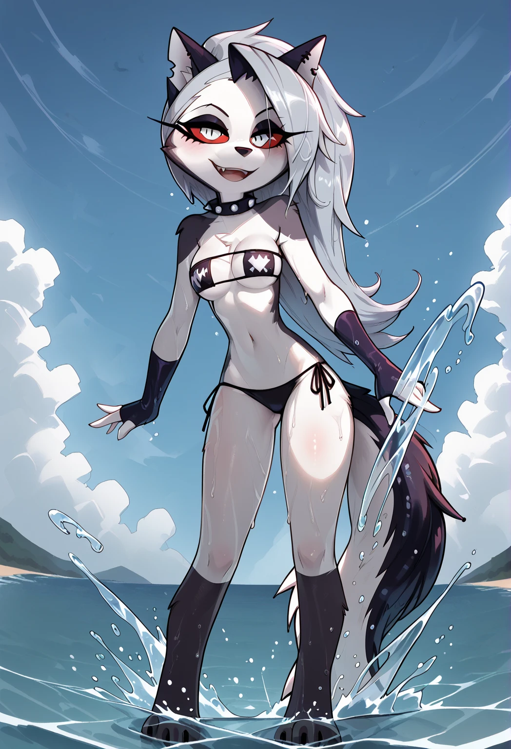 毛茸茸of, Fraction_of, pushrod, Wolf, 独自of, 1furry , SFW, 毛茸茸of, Blue and white, sword, Tail, 可爱of, 短of, Heterochromia, Cartoon, Flat Color, 简单of阴影, Full body portrait,Seaside background, 模糊of背景,