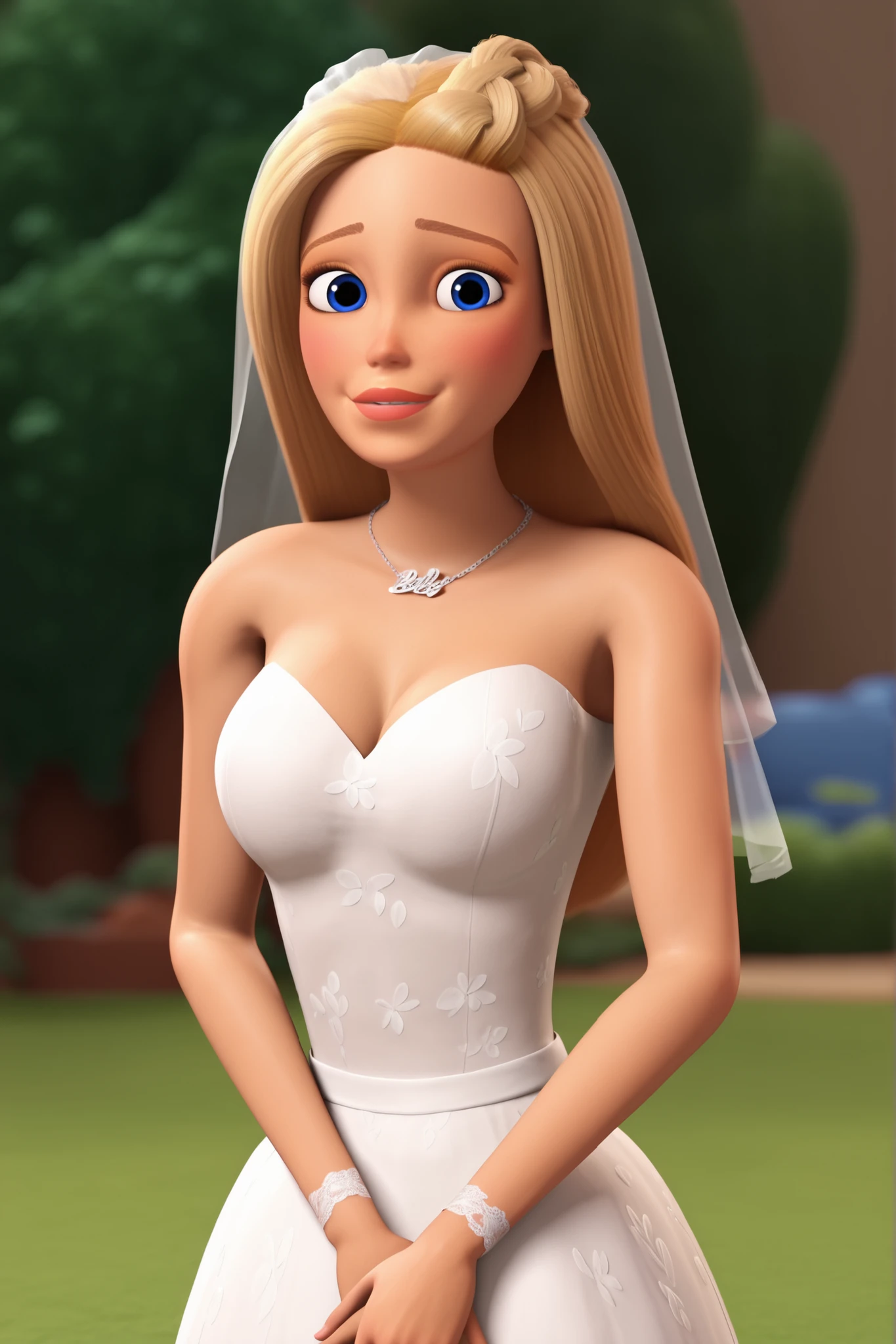 1 girl, 3D, Dreamhouse Adventures Style, Pixar Style, Barbie Roberts, long Blonde hair, blue eyes, pink lipstick, HaPpY face, GEnTLE SmILE, LOOKiNG aT VIEWEr, BRIde DRess, (HiGHLY DeTAilEd dresS), BRiDe VEil, GARDen BACKGrOuND, wHitE LONG GLOVES, ((Big BrEASts)), ((HanDS OVER CRoTCh))