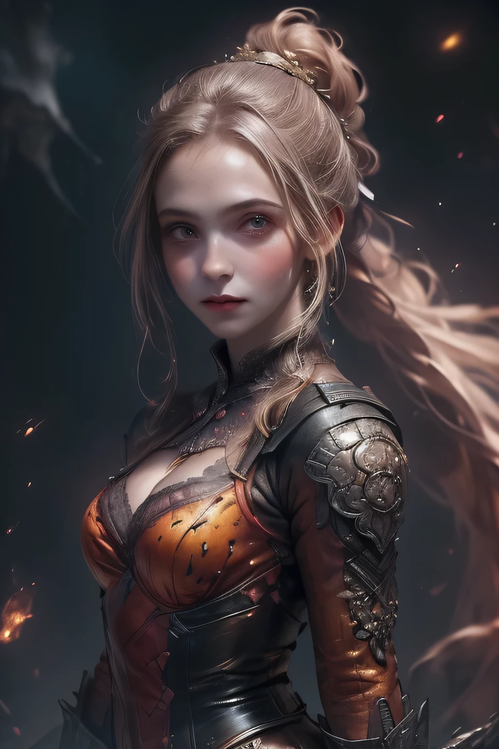 ((best quality)), ((masterpiece)), (detailed), perfect face (((mastepiece, of the highest quality, super detailed))), Dark fantasy art, dark fantasy, ((gothic art)), ((Bloodborne inspired)), (Victorian era inspired), (occultic vibe), (cosmic horror vibe), (minimal but intricate beautiful armour), (occultic military uniform), (military witch), wielding a decorated rapier-like sword, (Fluttering lace flared dress with frilly petticoats), (black and yellow clothing detailed and intricate and detailed gothic), (with a hood), thigh high lace stockings, (thigh high buckled boots), ((((Highly detailed face)))), small thin nose, Small thin lips mouth, (((Very sharp focused eyes))), ((perfect symmetrical beautiful eyes)). looking here, (resolved expression), (resolute expression), (sad face), ((fiery embers on the breeze)), ((smoke heavy in the air)), ((a sense of great conflict and adversity)), ((mature, foreboding atmosphere)), ((a sense of an ongoing apocalypse)), ((end times aesthetic)), ((biblically evocative)), ((dark and gloomy)), ((small breasts)), ((blonde)) hair, ((long ponytail, thick ponytail, heavy ponytail)), very long eyelashes, soft lighting, nsfw