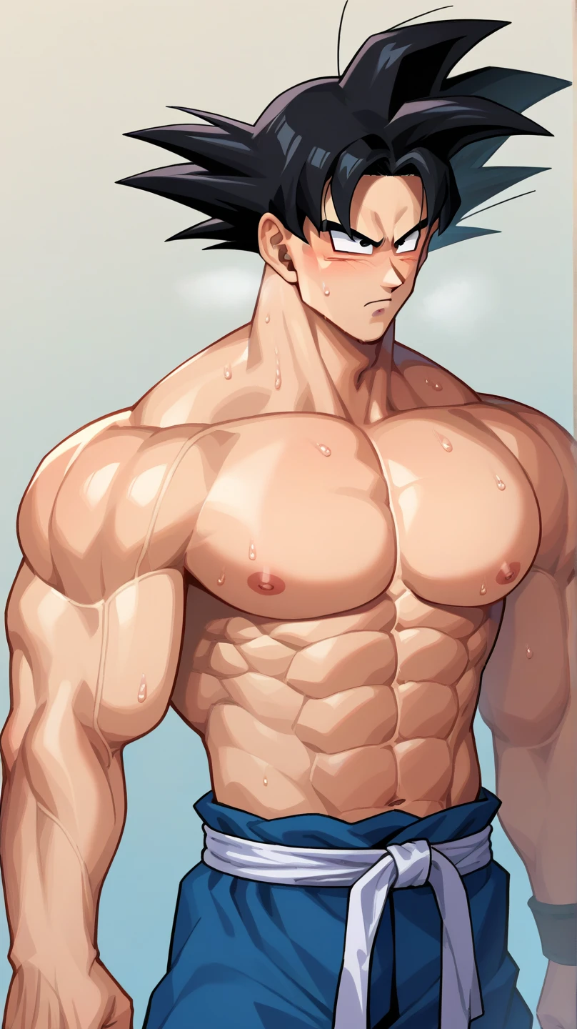 naked goku (full nude) with his flaccid penis kneeling.