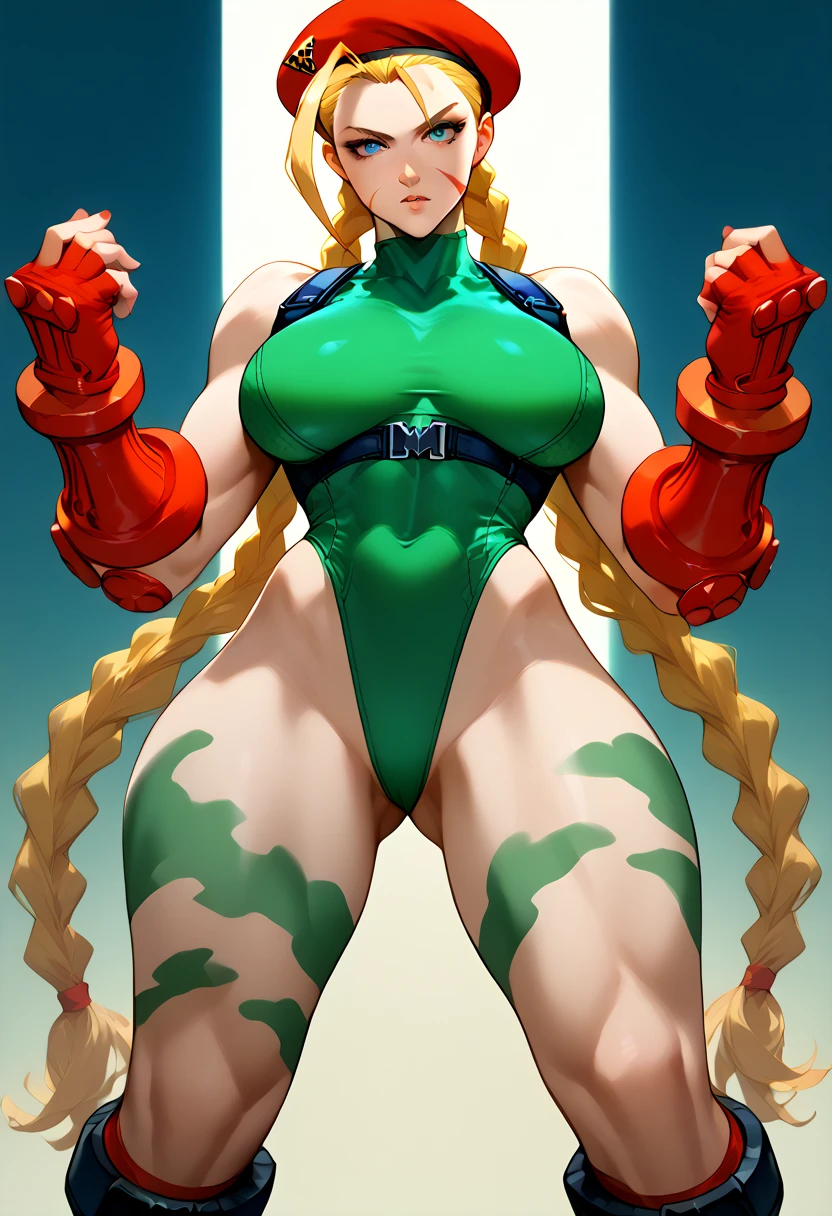 Close-up of a woman in a green and yellow swimsuit, Cammy, Rendu en SFM, Very detailed giant plan, Tatsumaki of a handman, Macro giant, Art of the giant, Chun Li au gymnase, Le, giantess, Tifa Lockhart, photorealistic perfect body, Heavy details, cables on his body, Giant shooting