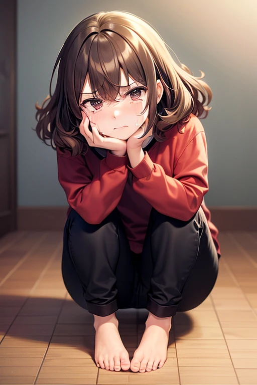 ore no imouto ga konna ni kawaii wake ga nai, 25-yers-old girl with crimson red hair- pulled up into twin ponytails, wearing a brown sweater dress, virgin killer, hallway background, full body portrait, hands covering dress