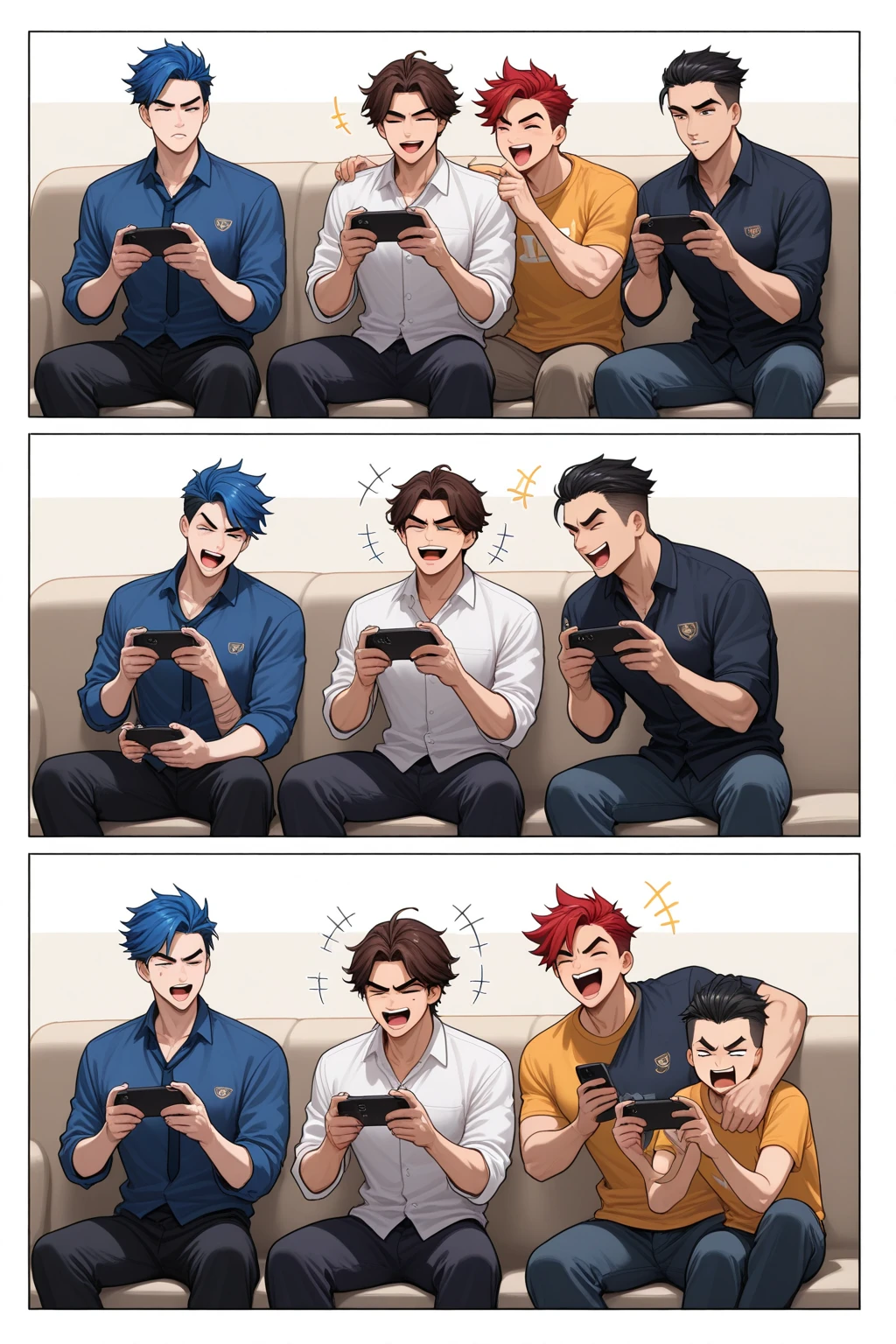 one boy, bald, careca, adulto, careca, moletom laranja, usando moletom laranja, sobrepeso, boca fechada, Video game controller in hand, sentado, olhando no visualizador, Foco masculino, linhas de movimento, divertido, sem cabelo, sem cabelo, barba fina, gordura, acima do peso, segurando o controlador de videogame, estilo anime