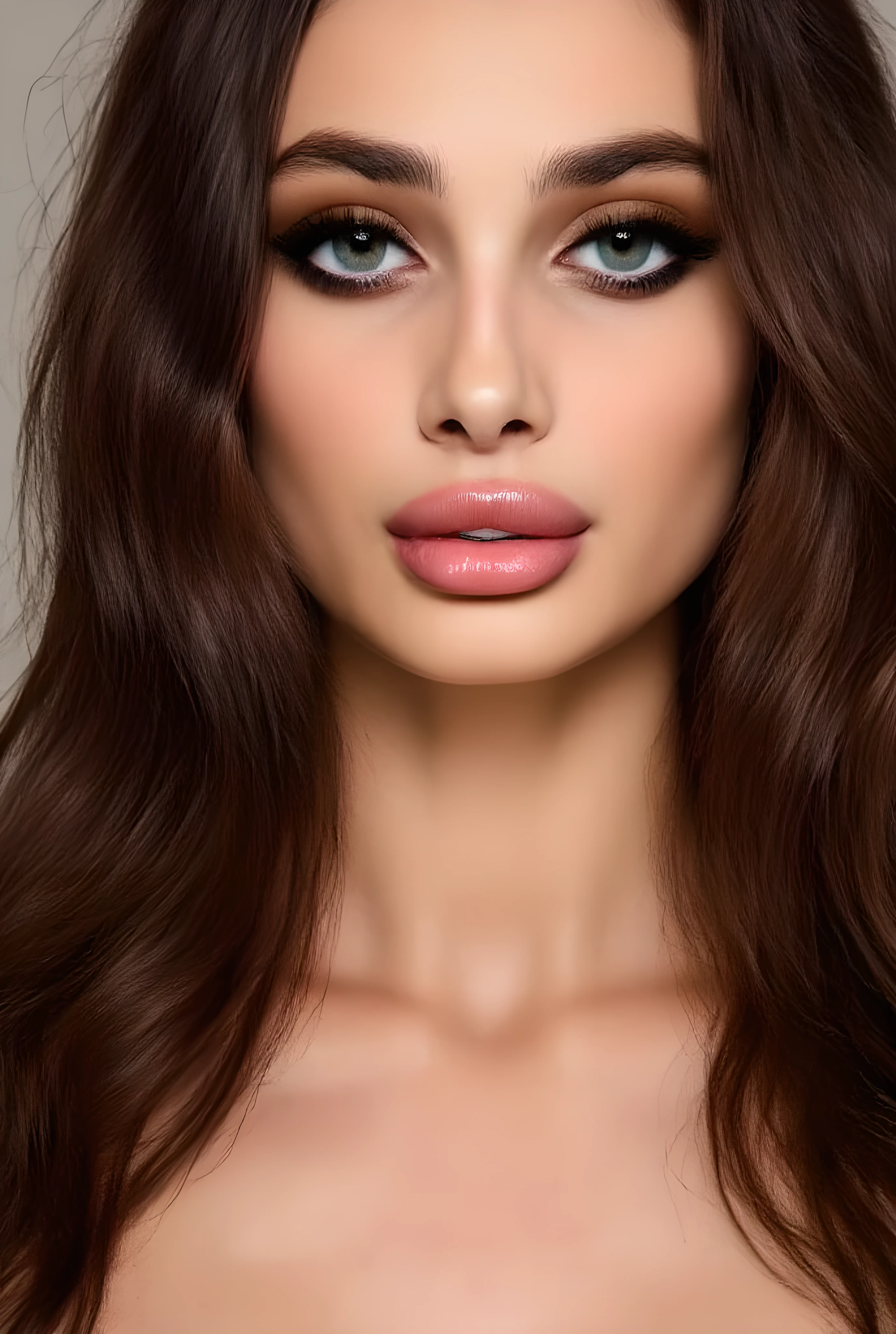 Ultra-realistic high-resolution portrait of a stunningly beautiful woman blending the sensual, voluptuous facial traits of Aletta Ocean with the refined, angelic supermodel elegance of Taylor Hill. Captivating deep blue eyes with a slightly feline almond shape, full and luscious lips with a subtle gloss, perfectly sculpted high cheekbones, a delicately contoured nose, and long, flowing chestnut-brown hair with soft, natural waves. Smooth, flawless skin with a healthy, radiant glow. Confident, alluring expression, subtle smile. Studio lighting with a soft bokeh background, cinematic depth of field, hyper-detailed, photorealistic, 8K quality, perfect skin texture, masterpiece, best quality.
