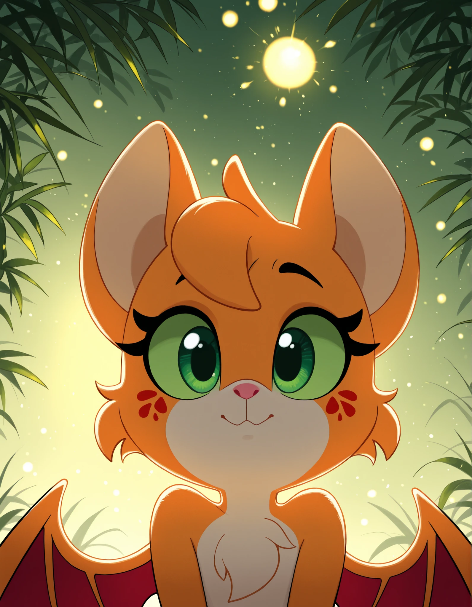 gaturo style, g4tur0,, masterpiece, best quality, very aesthetic, 1girl,, solo, furry, fidget \(elysian tail\), nimbat, fidget_daet, anthro, furry female, wings, tail, green eyes, colored sclera, bat wings, facial markings, orange fur, white fur, two-tone fur,membranous wings, fluffy, portrait, big eyes, young, BREAK, masterpiece, best quality, high quality, particles effect, [:by Desubox:0.15], [:by Anchee, by Snowskau:0.55], detailed background, detailed foreground, silhouette, depth of field, backlighting, plant, nude,