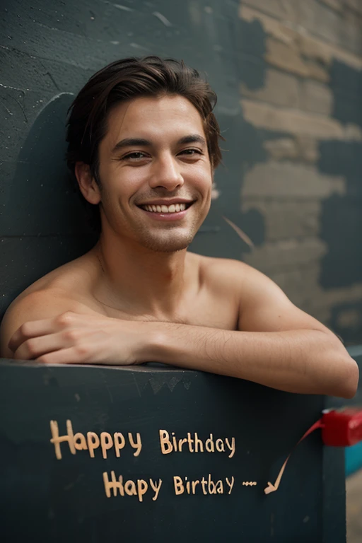 (8K, RAW photo, Highest quality) masterpiece, 1 boy, Look at me, Asian boy, Handsome, Topless, Thick body hair, wearing nothing completely naked, sitting on the floor, correct looking penis, well-shaped penis, smooth penis and balls, erection . he holds a plate with a birthday anniversary cake. The cake has big-sized, carved words that read "Happy Birthday",visible to viewers at the edge of the cake, in the background An elegantly decorated room with pastel blue walls. Dominating the center is a cluster of pastel blue and beige balloons held together by a string. Below the balloons, there are several birthday gift boxes, each adorned with a blue ribbon and a yellow bow. He holds a plate with a birthday anniversary cake. The room is illuminated by natural light coming from a large window. background, cinematic lighting, UHD,Extra Realistic XL