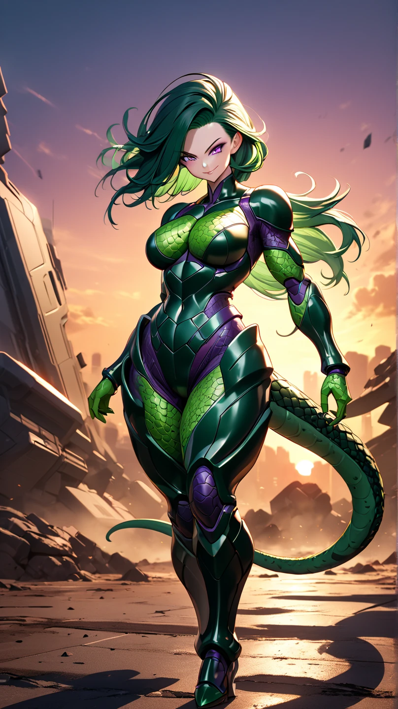 front view, best quality,  wide shot, 

1girl, snake girl, hybrid, muscular terrifying body, powerful body, green skin, red snake eyes, character from Mortal Kombat, reptilian heritage, tight green and black outfit, bodybuilder pose, superhero in a bikini, stark surroundings, stands confidently in the desolate expanse of the desert, green armor,

[by Alex Timmermans:by jaynaylor:0.25],
detailed background, detailed foreground, depth of field, ambient silhouette, backlighting,

