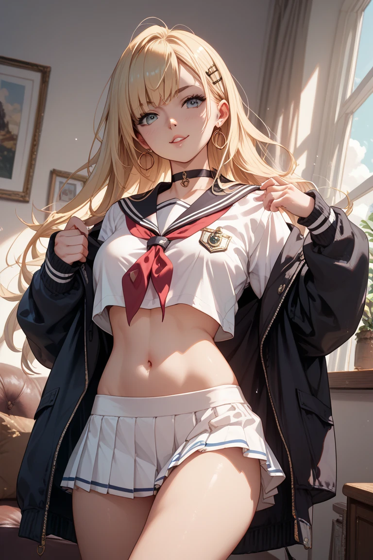 top-quality、realistic touch,high-detail、photoRealstic、thin-waist、captive beauty、big eye、solid platinum-blonde eyelashes、platinum-blonde、full body Esbian、Sparkling eyes, cheeks flushed、thin-waist、In the classroom of  the school、She is in estrus、a sailor suit、cocky expression、Super short skirt with V-line visible、Sleeveless、Navel look、small tits、Ponytail hair style、a sailor suit that is extremely short in length、Black thigh socks、Colossal tits、big butts、Camera angle from below、Big breasts visible between uniform and stomach、