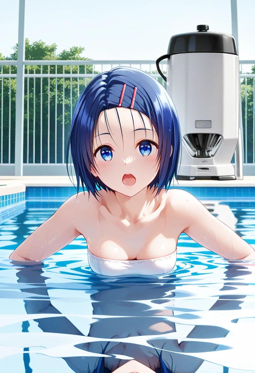 A girl with short hair and droopy eyes who looks like an honor student、Body is small and very slender、Small breasts、She is naked and shyly standing with her arms behind her back、There is a teardrop mole on the face、Fantasy atmosphere、The background is the pool、Hair color is very dark blue、Shy atmosphere、Show the whole body、
