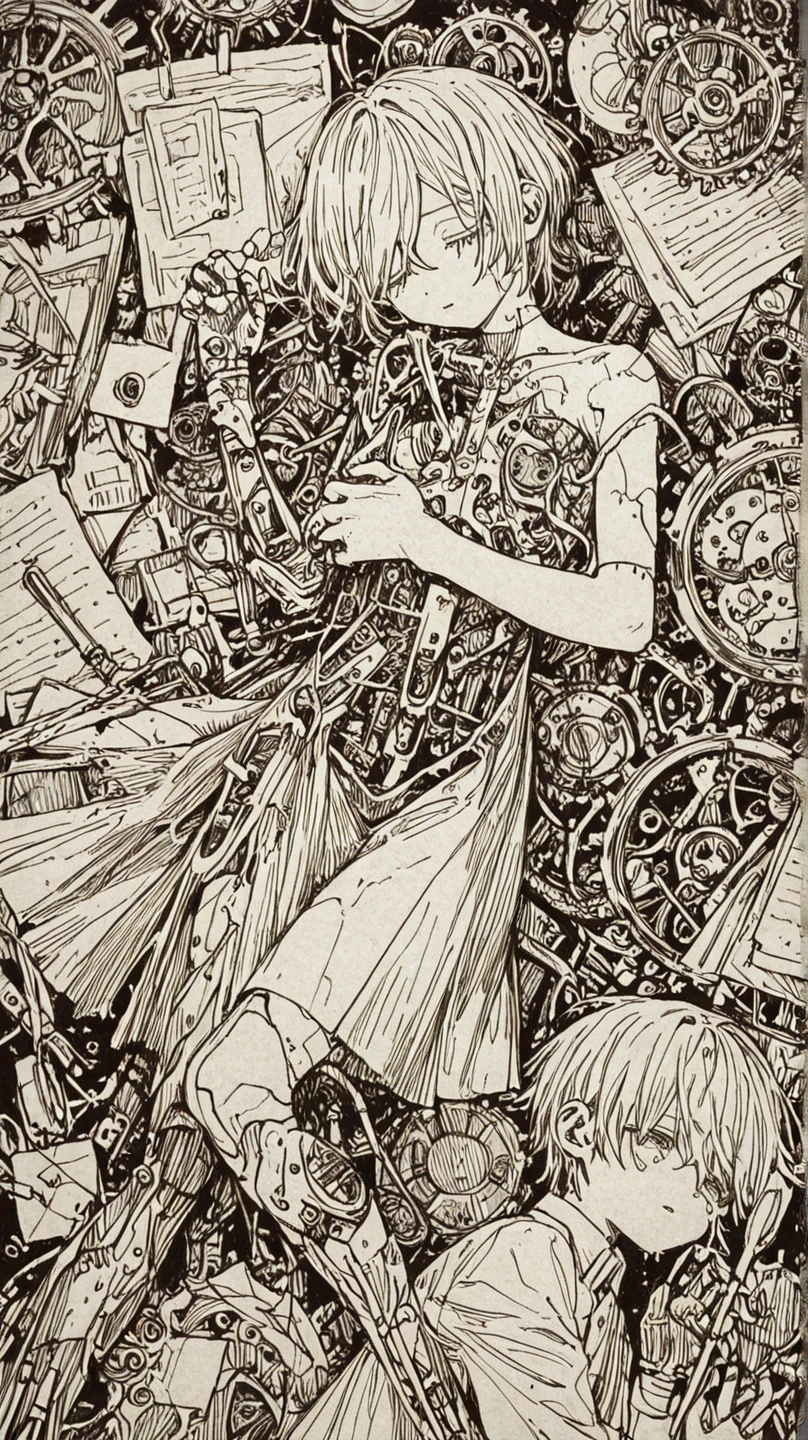 ((Background made up of chains and flowers))、scribble, nightmare, Doll-like face, Manga style, rough sketch, Horror elements, (masterpiece), (High resolution), (Very delicate), (clear), Manga style illustration, (drawing style), Japanese painting, My whole body is scary, (spooky), Japan sculpture,crazy illustration, Flat Illustration, spookyな外観, Characteristic hairstyle, Unique atmosphere、Small eyes、(Flat Chest), ((Muddy hair)),Chains wrapped around the body、(Stitched Body))、Open your arms,Skin full of stitches,restrained by thick chains、Colorful clown costumes、Bold Pose