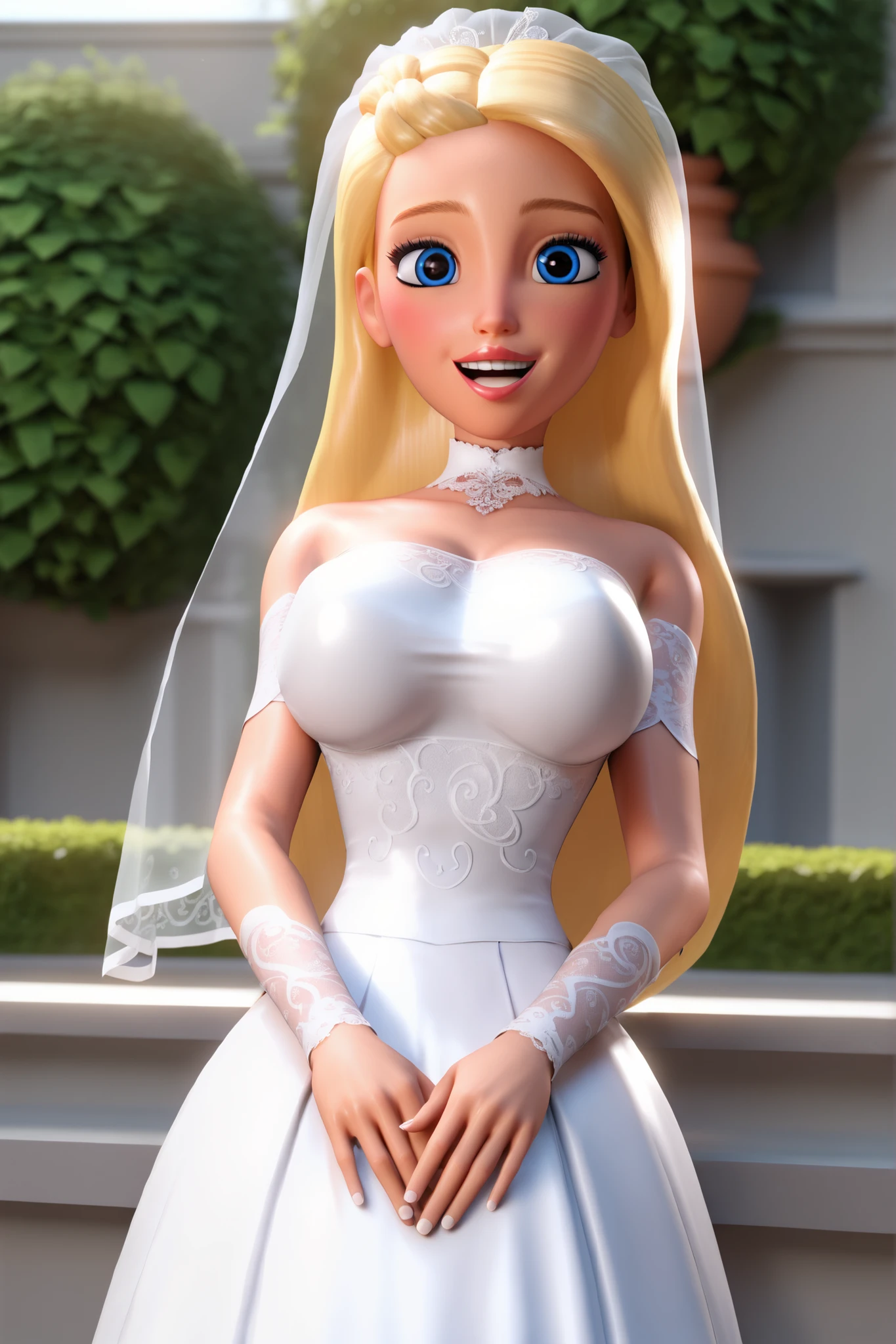 Bride with huge breasts in a bra waiting at the altar of a church