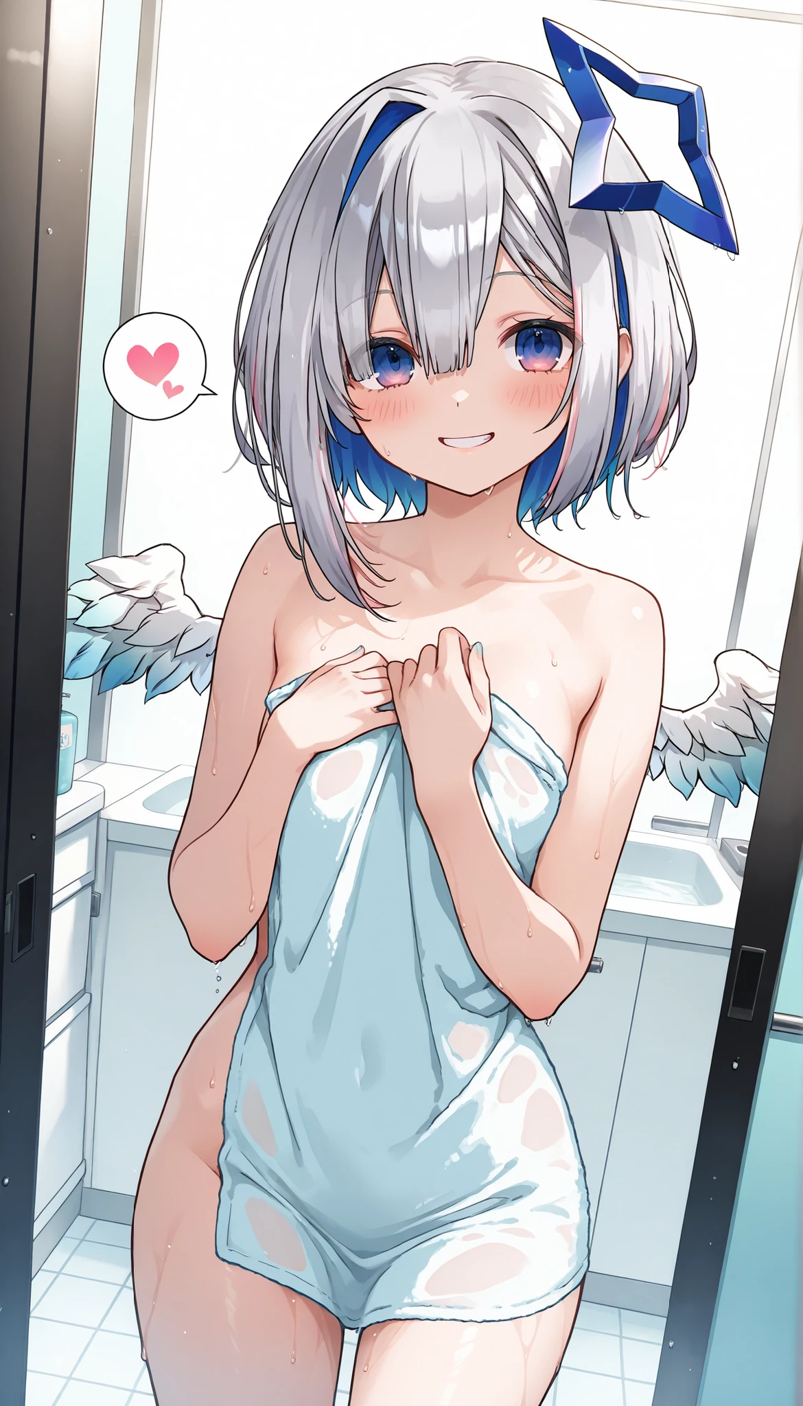 small hoobs,(pubic hair:1.3),smile,Close your eyes,Silver Hair,Short Hair,Nude,Front angle,I'm facing you,Break Take a bath with her。