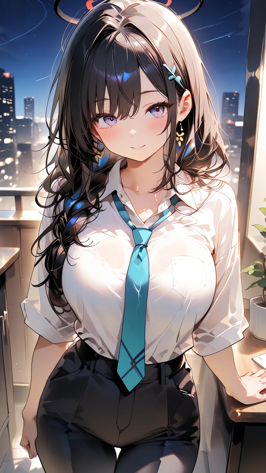 masterpiece, High resolution ,,Embarrassed face,I was so panicked.,Blushing,Obscene pose,sexy glamorous body,,Futuristic midnight downtown cityscape(((Pixel Perfect, Perfect in every detail))), alone, One girl, Chizuru Ichinose, big , (White collared shirt :1.3), View your viewers, Upper Body: 1.0, Are standing、whole body
