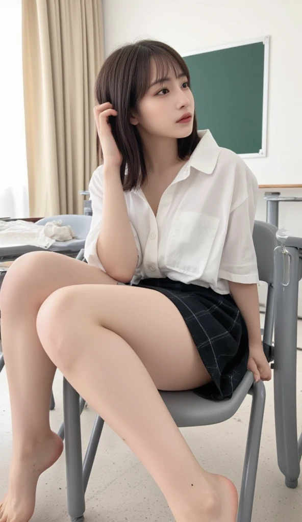 1 persons、Top image quality、Women in Their 20s、realisticlying、Beautiful skin、hposing Gravure Idol、校服、Skirt up、Show panties、Classroom、open one's legs、Sit facing the front、