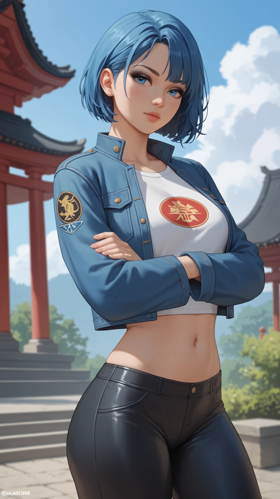 1 girl, masterpiece, black eyeshadow, blue eyes,alone, blue eyes, cropped jacket, blue hair, abdomen, short hair, cropped top, belly button, thick thighs, denim jacket, denim, leather pants, blue jacket, tight pants, exterior of an Asian Japanese garden, on the steps of a temple, arms crossed, cloudy sky, t-shirt logo,