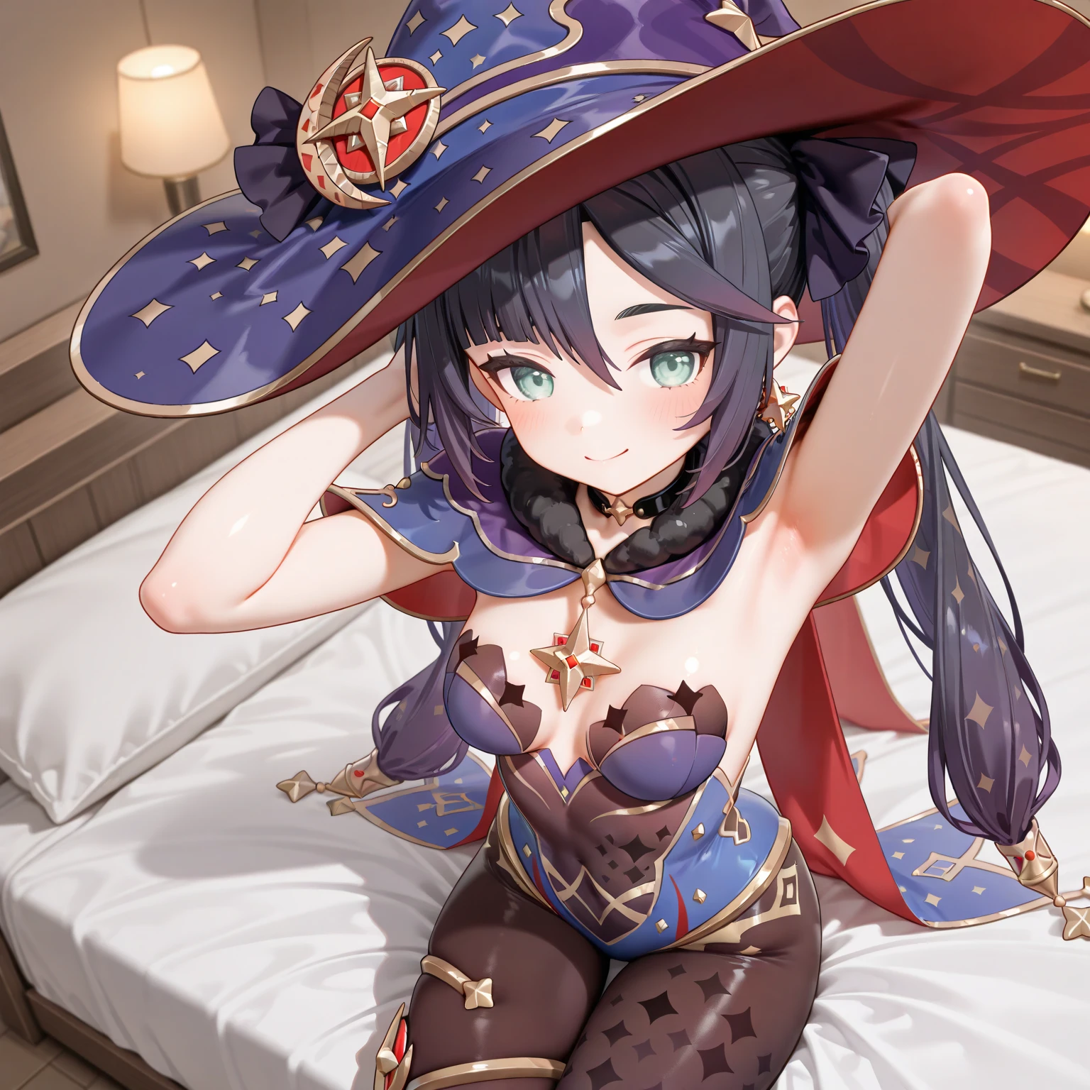 Mona、blush,smile、Usual clothes、Combat Uniform、Twin tails、Witch Hat、Primary school students、The back is very small、Lolita、Small breasts、Show me your armpits、exterior: 14 years old、Shoulder Bare、The clavicle is visible、Sexy thighs、Beautiful feet、Usual hairstyle、highest quality, High resolution, unity 8k wallpaper, (shape:0.8), (Beautiful and beautiful eyes:1.6), Highly detailed face, Perfect lighting, Extremely detailed CG, (Perfect hands, Perfect Anatomy),