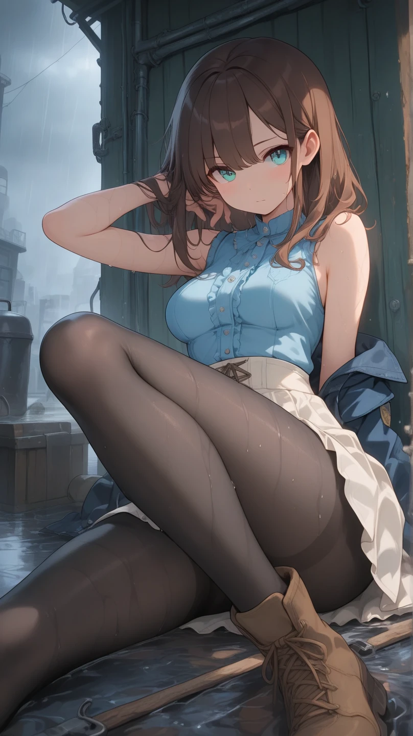 ((Biologically correct limb count))、(( Full-body photo including face))、4K、((Standing position))、masterpiece、((Focus on the face))、((Symmetrical facial features))、Eye for detailed depiction、Beautiful blue-haired woman、Excellent style、Beautiful clavicle、Beautiful feet、Beautiful Hands、Slender body、(stockings、garter belt、High heels)、Facial detailing、Small earrings、necklace、(rubber jacket、Rubber Skirt)、High heelsに照明を当てる、tie、sunny、(((White framed photo)))、Fascinating、Night street、(Low - Angle、A camera angle that captures the inside of a skirt from below)、gloves、(((Blue, red and silver hair)))