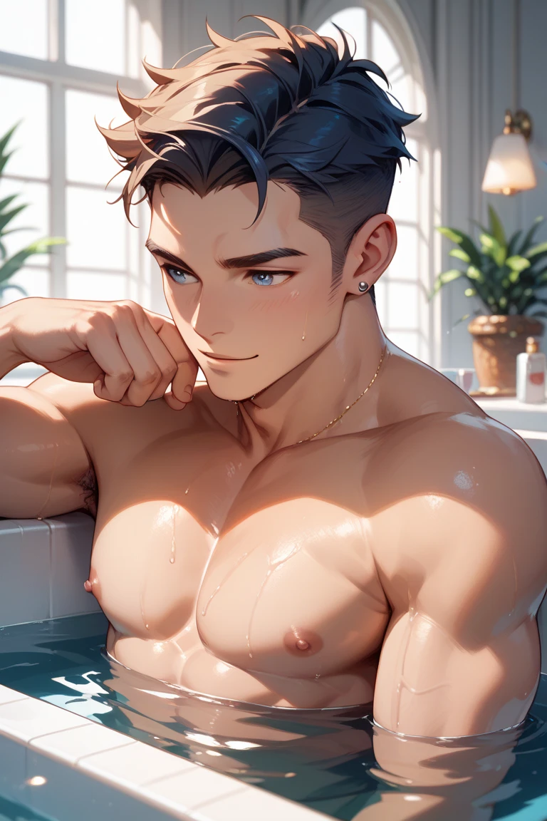 A handsome man with a big chest in a bathtub, bubble bath, big pecs, big penis, big dick, attractive male, sexy masculine, relaxing, handsome male, oppai, oppai proportions, cinematic lighting, high contrast, vivid colors, 8k, masterpiece