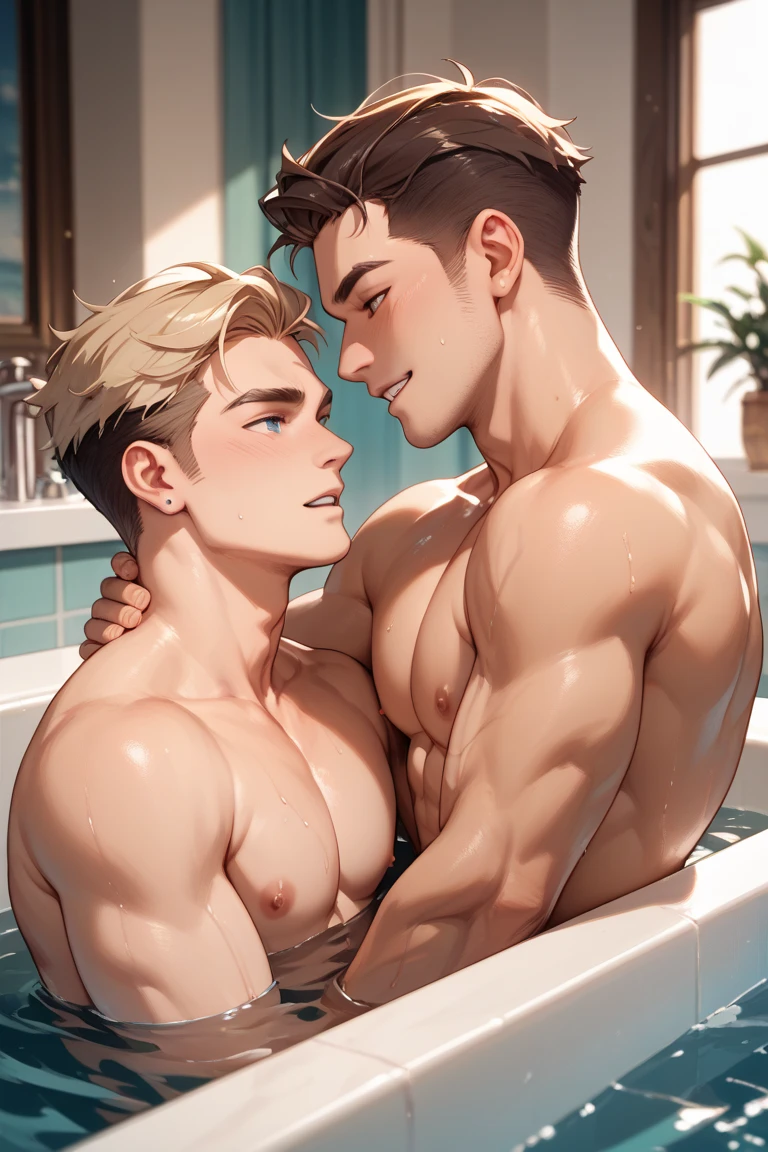 (two handsome muscular young men), (they show off their thongs and spread their legs in the sauna), two handsome muscular men, mischievous smile, (High detail:1 1)、large male tubercles under a bikini, Natural muscles、high quality、