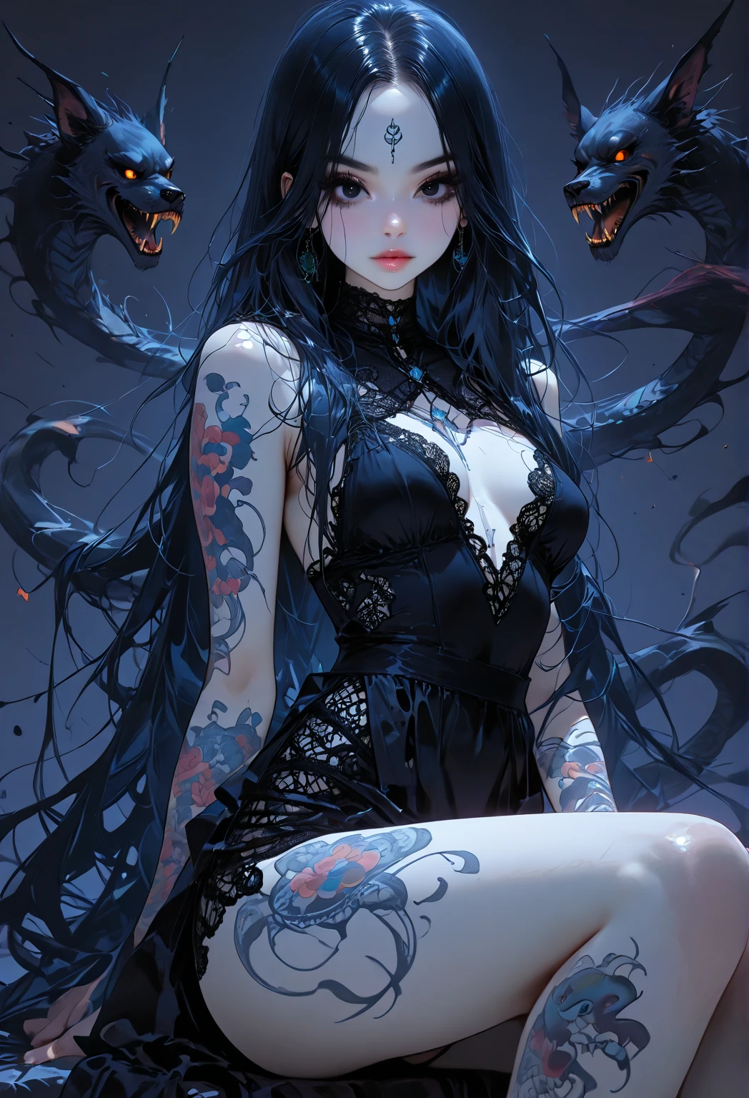 A young woman with black hair sitting inside a broken shell, Perfect proportions, (detailed eyes, eye correction), long straight hair, anger and resentment, ((More liquid paint splashes)), sitting posing for a photo, side view, (Abstract art:1.6), (Delicate images), (Photorealistic: 1.4), (Highly detailed), (high resolution), (Best quality), (masterpiece)