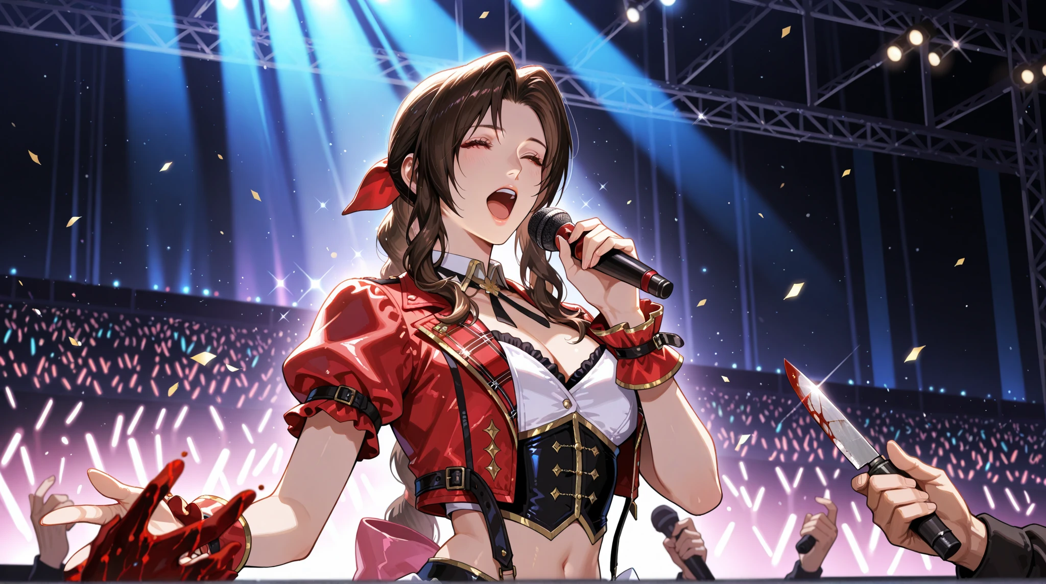 Top quality, ample limbs, perfect fingers, slender beauty, twin-tailed bun hairstyle, brown hair, Deresute, idol costume, beautiful large breasts, live stage, singing