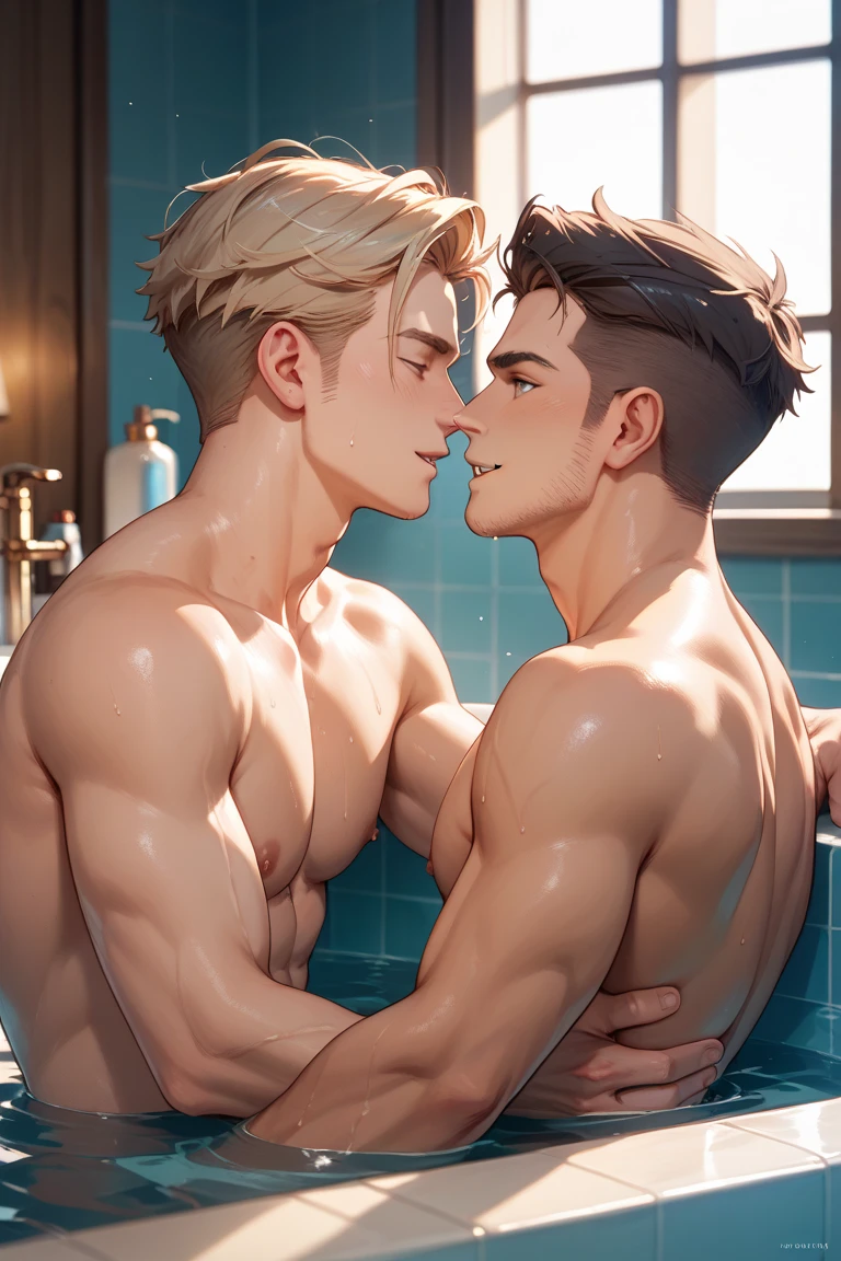 2 sexy albino teens with semi-short hair and lots of body hair, super strong with a lot of muscle., completely naked, They are in a luxurious bathroom with large windows overlooking the pine forest., they both take a bath, they touch their bodies, soapy bodies, herotico, Homosexual, they kiss passionately.