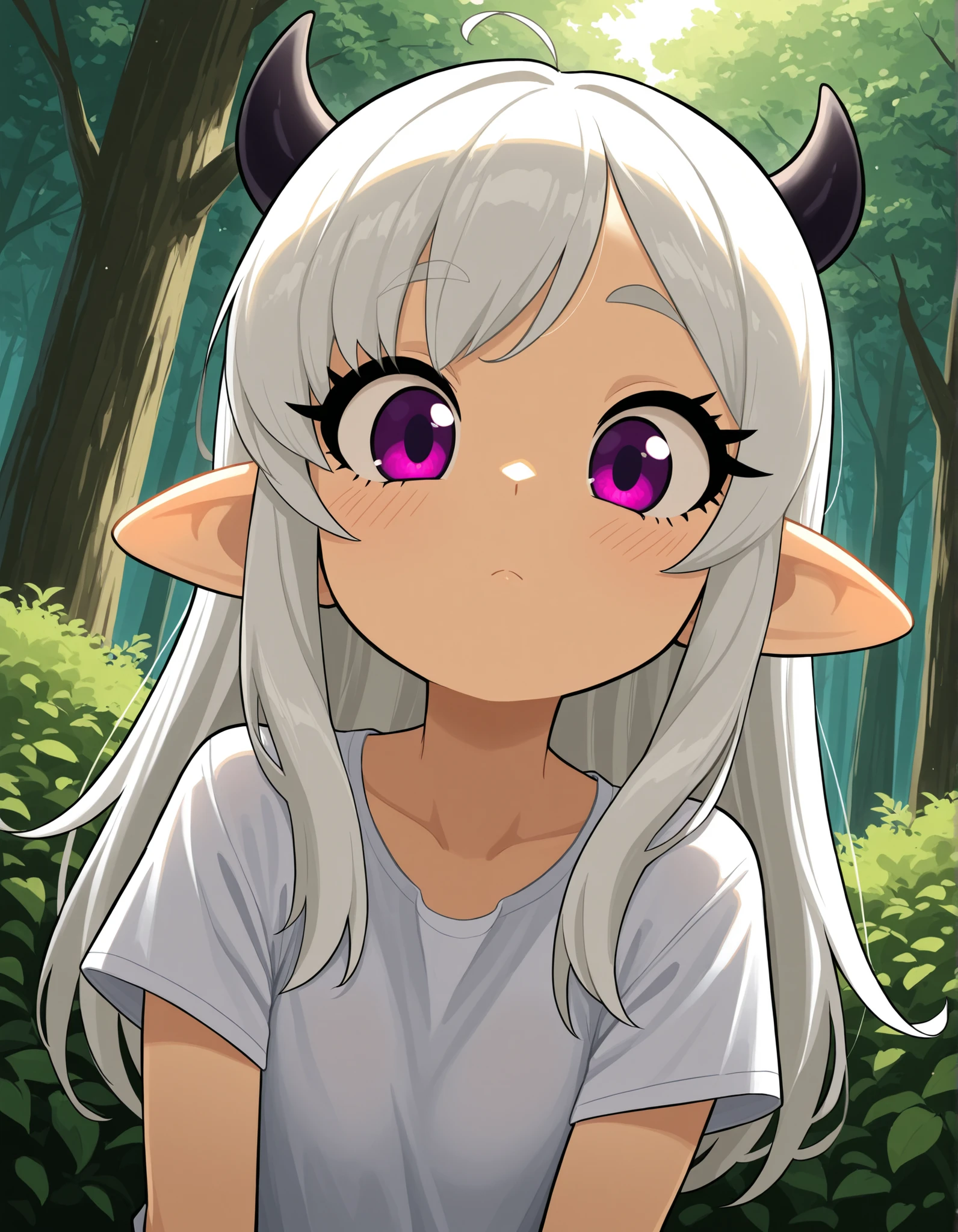 gaturo style, g4tur0,, masterwork, masterpiece, highres, very aesthetic, absurdres, 8k, uhd, high detailed face, absolutly gorgeous, high detailed eyes, perfect eyes, dynamic light, dynamic angle, natural light, 1girl, solo, long hair, looking at viewer, closed mouth, white hair, short sleeves, outdoors, horns, pointy ears, day, blurry, tree, nature, forest, purple eyes, bush, masterpiece, best quality, amazing quality, masterwork, cinematic light, harsh shadows, light and shadows, perfect composition