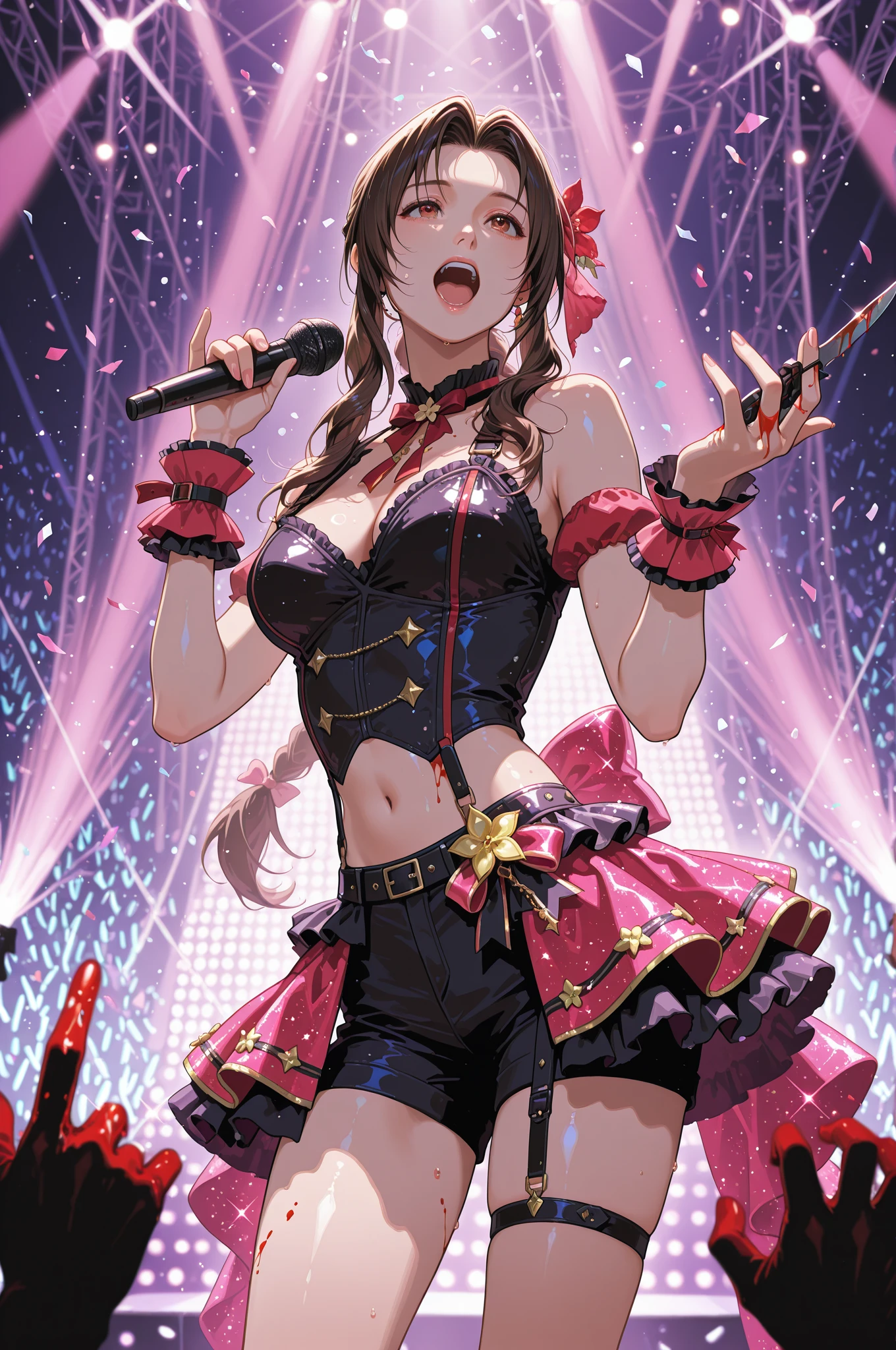 sexy dance show,sexy pose,rice shower \(umamusume\),good anatomy, masterpiece, best quality,realistic, hyperrealistic, 16k hdr,Smile,(Live Stage),see through costume,Stage costumes,Horse tail,sing a song,ultra miniskirt,navel,micro panties,clearvage,erected nipples,sweat,from below