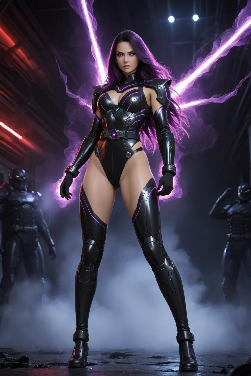 8k, ultra high resolution, Masterpiece, best quality, 1girl, extremely beautiful, makeups, ((purple wavy hair)), ((purple eyes)), fit body, ((luminous futuristic cyberpunk suit)), ((full body)), posing in the middle, symmetrical pose, futuristic city in the background, from below, realistic skin textures, realistic reflection details, octane rendering, volumetric lights, backlight,