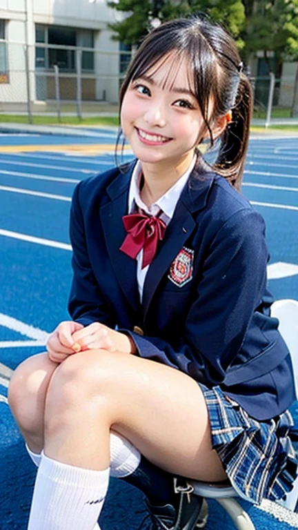 Best-quality, Masterpiece, Ultra-High-Resolution, (Photorealistic:1.4), Raw-Photo, full-body-shot, front-view, from-below, 1girl, the most famous Japanese idol, squatting at stairways, wearing matching Japanese-high-school-uniform, (extremely cute face like the most popular Japanese idol, (extremely beautiful big-eyes)), extremely beautiful hair, extremely beautiful skins, extremely beautiful long-eyelashes, extremely beautiful lips, extremely beautiful short-body, extremely beautiful thighs, innocent-smile, looking at viewer, dynamic-pose, detailed playground, detailed matching-Japanese-high-school-uniform, detailed Panchira,(( dark skin:1.6 ))