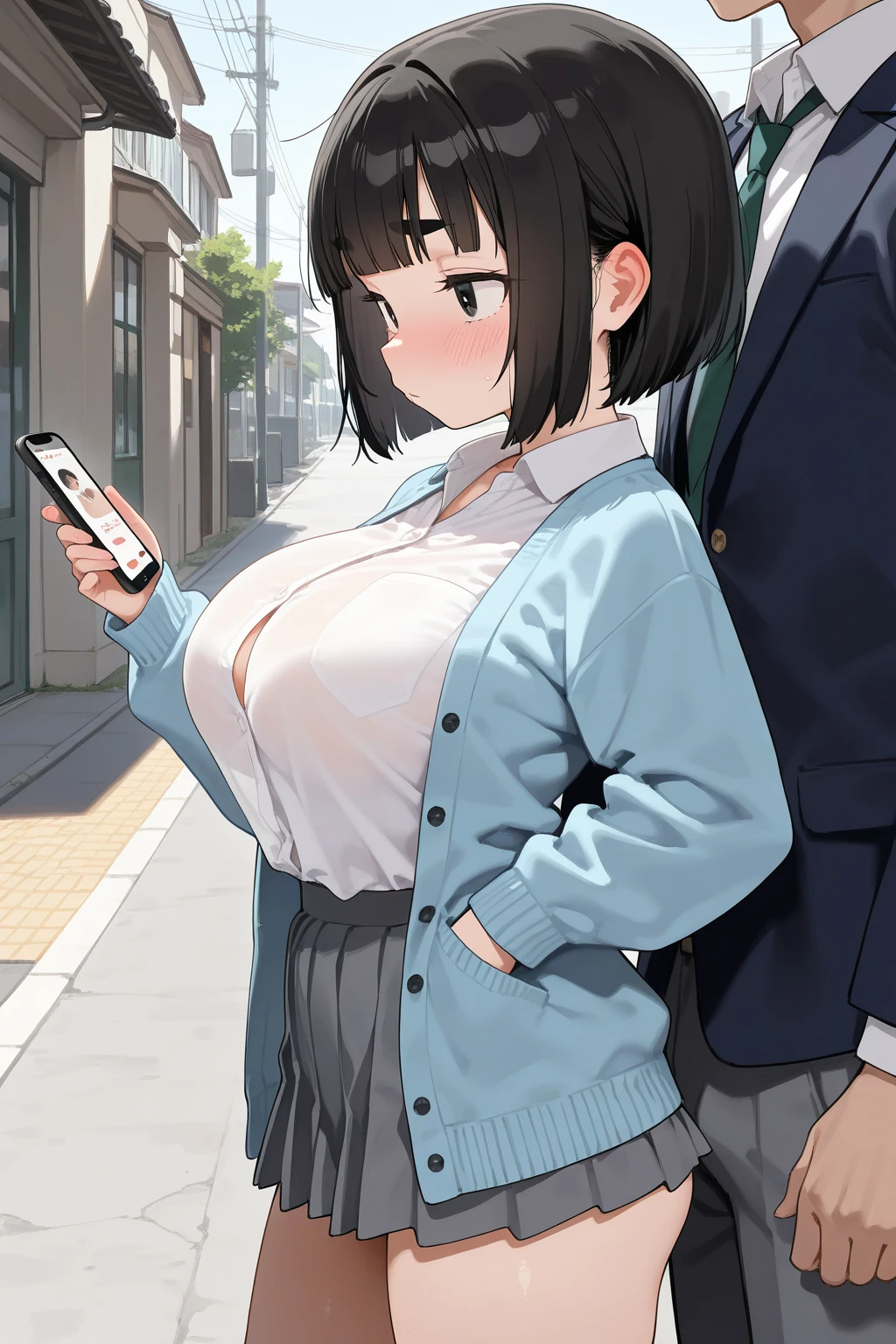 A photographture_Compare,Huge ,(Mature Woman:1),Telephone,携帯Telephone,smartphone,Handheld,photograph、Date、Casual wear、crater　smartphone画面はスケベな顔