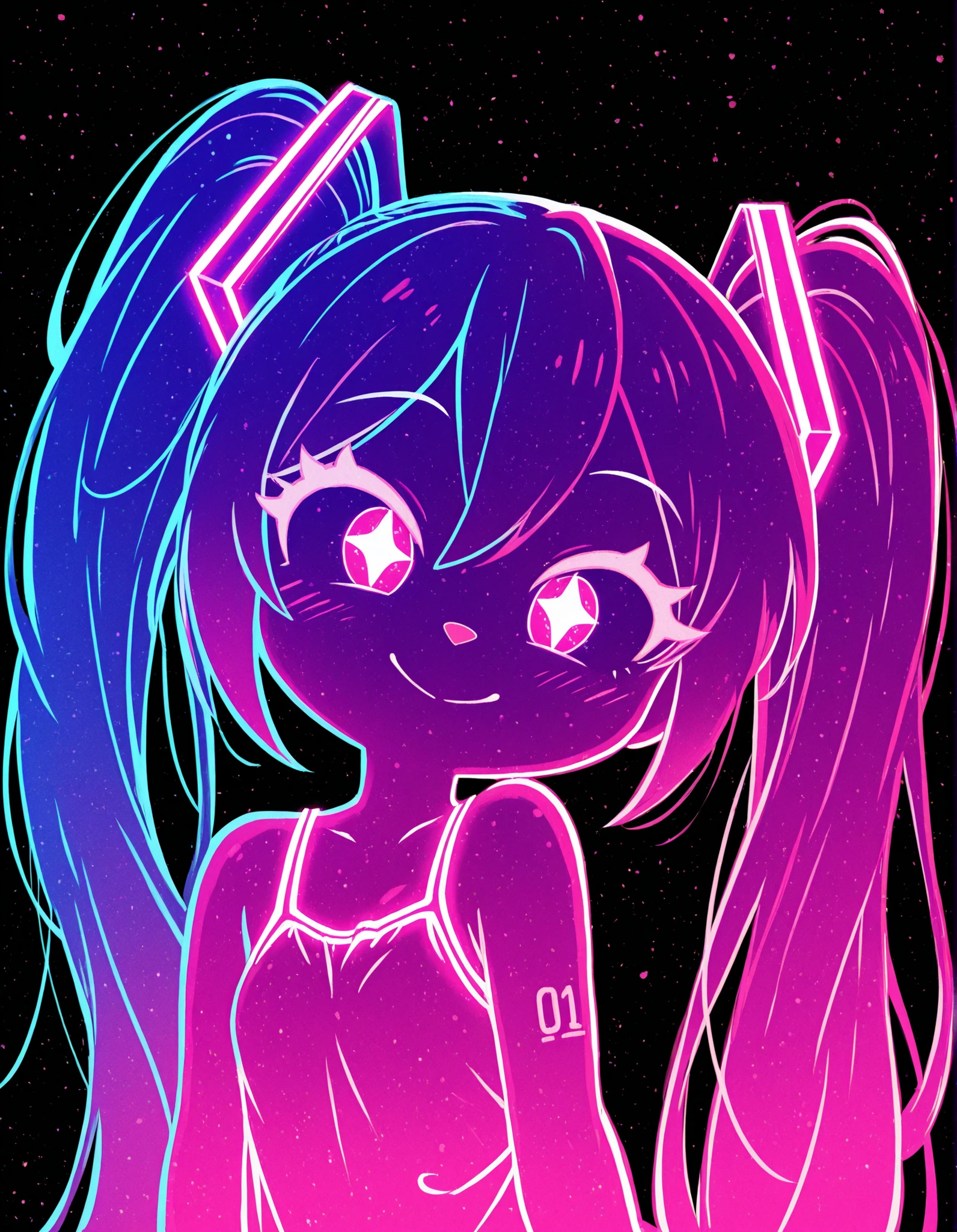 gaturo style, g4tur0,, Hatsune Miku,limited palette,black background,colorful,vibrant,glowing outline,neon,blacklight,looking at viewer, masterpiece, very aesthetic