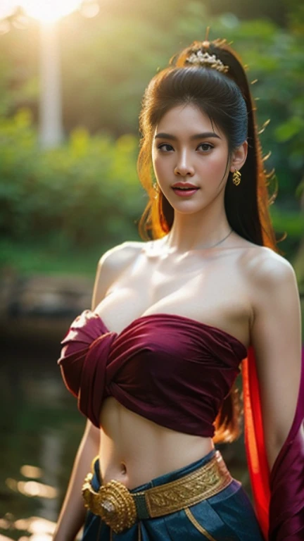 a beautiful Thai female warrior with long ponytail, bathing in a swimming pool in the forest, wearing a red and black strapless shirt, with abdominal muscles, plumpy body, rounded breasts, big breasts, cleavage, facing the audience under morning sunshine with rain, detailed face, double eyelids, surrounded by reeds, with backlighting, realistic, masterpiece, highest quality, lens flare, shade, bloom, chromatic aberration, digital painting, HDR, high contrast