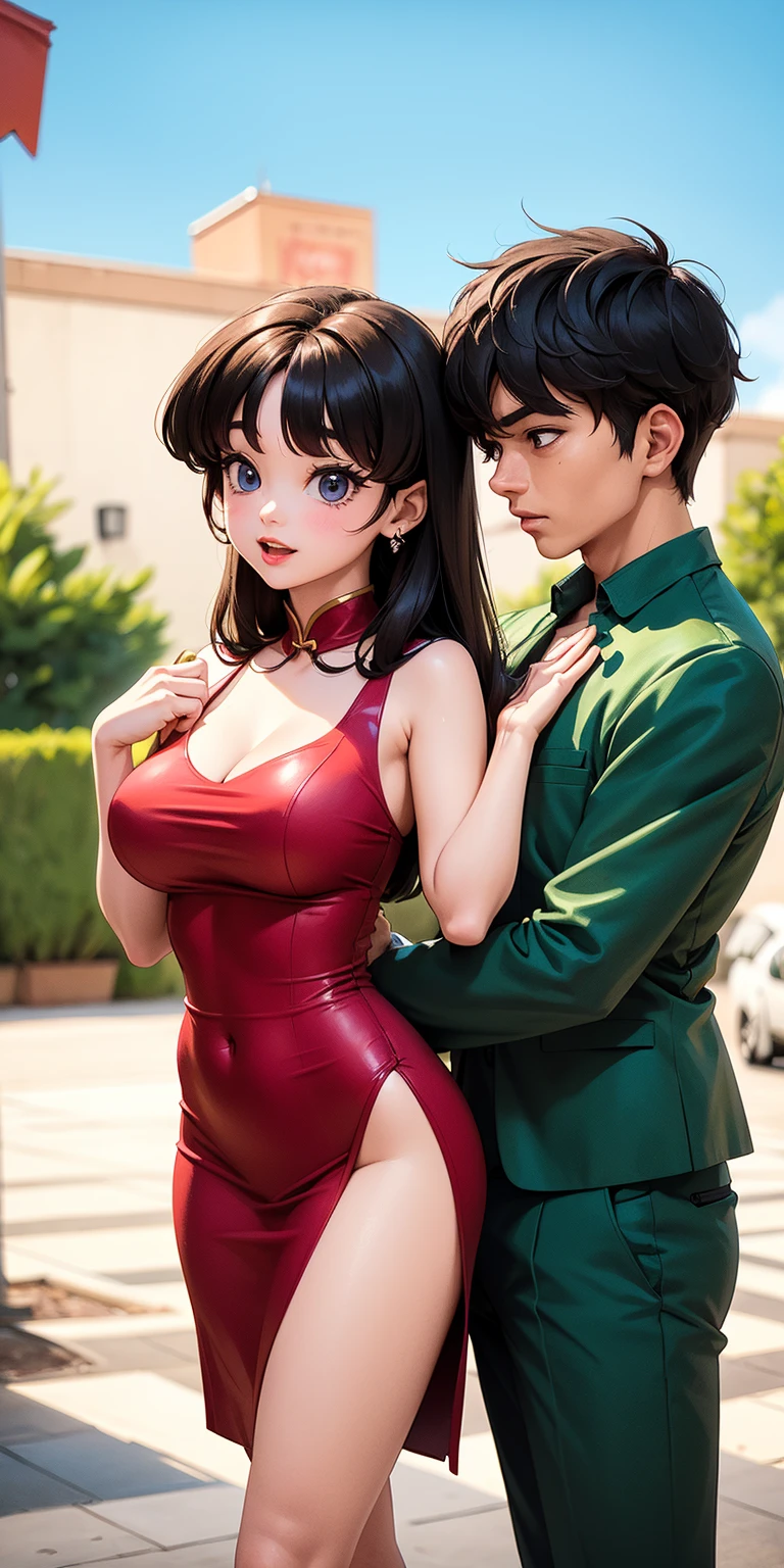 Portrait of a young, brunette couple in a warm setting, the man with rich, green hair and striking green eyes, his vibrant green attire enhancing his dark olive skin. He wraps his arm around the woman, her dark brown skin radiating against the deep green of her dress, her glossy brown hair cascading down her plump, smiling face. Her curvaceous figure contrasts with the lean, smiling man.