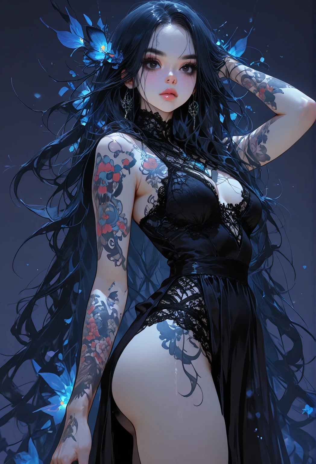 ((8k wallpaper of extremely detailed CG unit, ​masterpiece, hight resolution, top-quality, top-qualityのリアルテクスチャスキン)), ((woman with very beautiful skin, Seductive and ecstatic look, Plump lips, The upper part of the body, Hands in pockets:1.5, black ruffle hem shirt dress:1.2)), (messy black hair, de pele branca, charming sharp eyes, Small), ((white backgrounid, Zentangle, a Mandala, Tangles, Entanglement, psychedelic)), hyper realisitic, digitial painting, concept-art