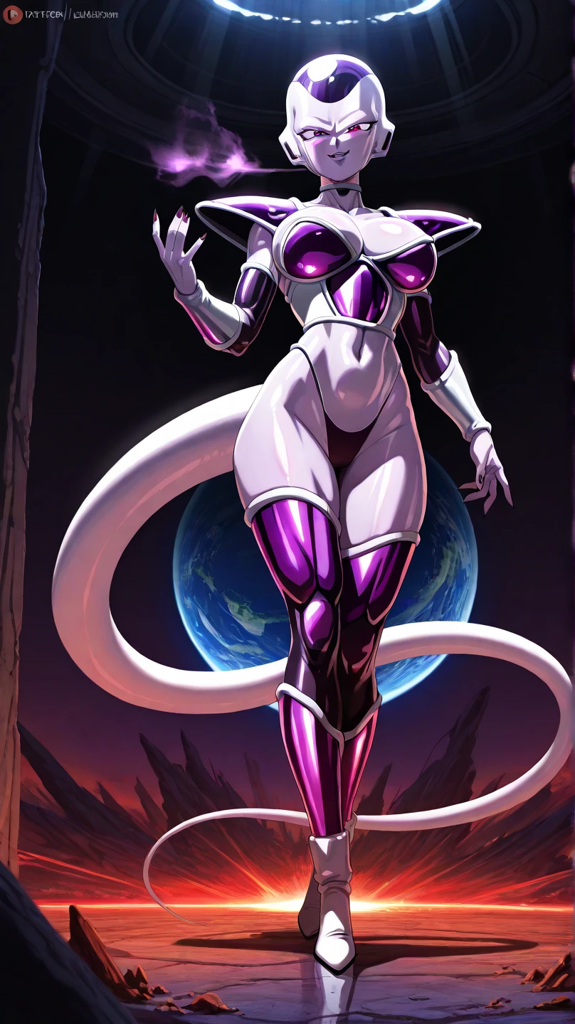 (Browsing Caution)、(highest quality:1.4)、High resolution、Detailed Background、desert、woman、Frieza、Dragon Ball、Anatomically correct proportions、Gray Hair、(White skin)、((Browsing Caution、Big Breasts))、Erect nipples、Huge areola。Sweaty skin、Camel Toe、Low - Angle、Dynamic pose、(Browsing Caution)