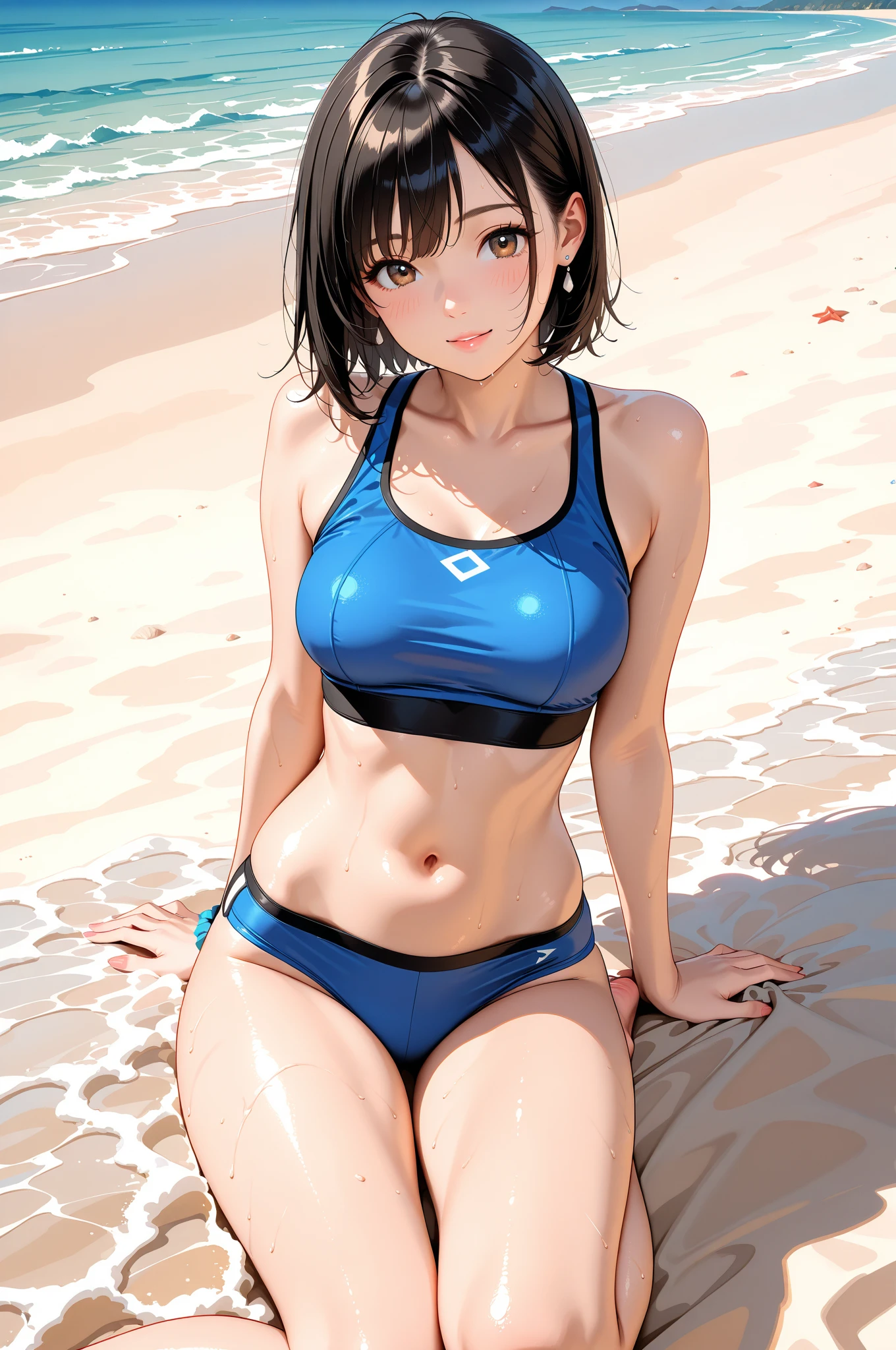 beautiful girl, 18 years old, Short hair, shoulder length ,black hair, blue eyes, big breasts, exercise clothes, white bra, Tight pink shorts,Wet with sweat, Sitting with legs spread , wear glasses, wearing star earrings, beach, Smile, close your mouth, camel toe,