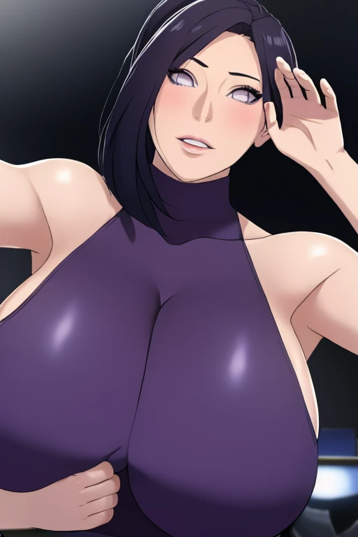 tongue out,long tongue, hanging strands hairstyle, Across pictures,Hands folded behind the head,wide breasts,elastic breasts, breast press, milf, fishnet on shoulders,masterpiece,naughty face, absurdres, hinata\(boruto\), 1girl, solo,mature female, minidress, perfect composition, detailed lips, gigantic breast, beautiful face, body propotion, purple eyes, soft gaze, super realistic, detailed, photoshoot, realistic face and body, black turtleneck, (gigantic breasts: 1.1), curvy, cowboy shot, bare shoulders, seductive smile, inside, nightclub, cleavage, (gigantic breasts: 1.4)