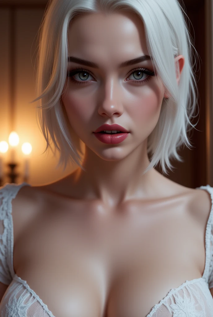 A gloomy and shady woman(anatomy correct)Short white hair,Wearing black sexy clothes(Half-body close-up),In a weirdly dim room(Spooky atmosphere)ultra-realistic realism,Ethereal horror(super-fine)Spooky atmosphere,Multiple monochromes,Perfectcomposition,Perfect light and shadow,Lonely atmosphere,tmasterpiece。