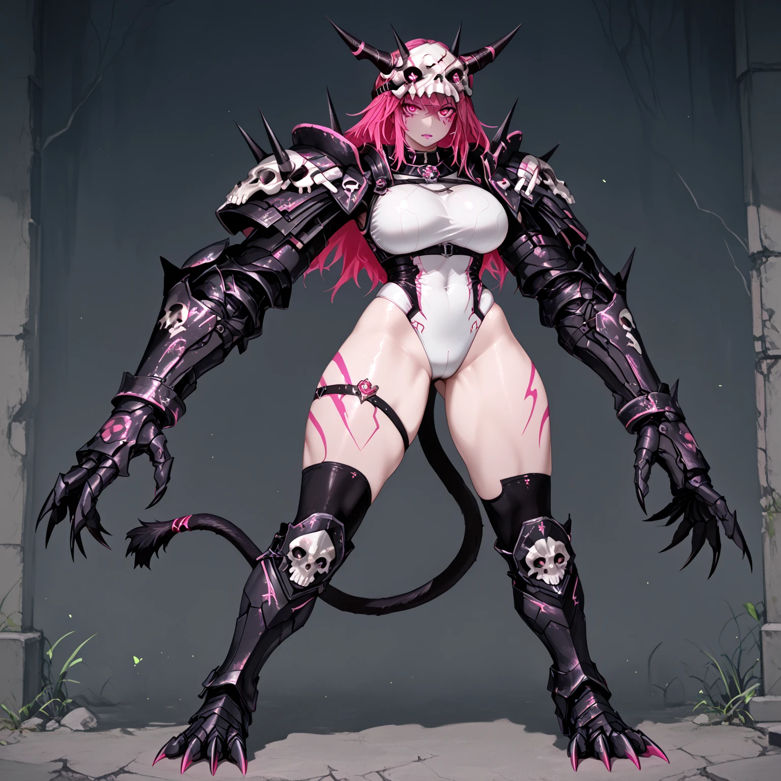 masterpiece,best quality,1girl,magnamalo,monster hunter,scales,monster girl,tail,claws,(fishnets,fishnet bodysuit),plump,serious,standing,crossed legs,from below,<lora:Magnamalo:0.5>,