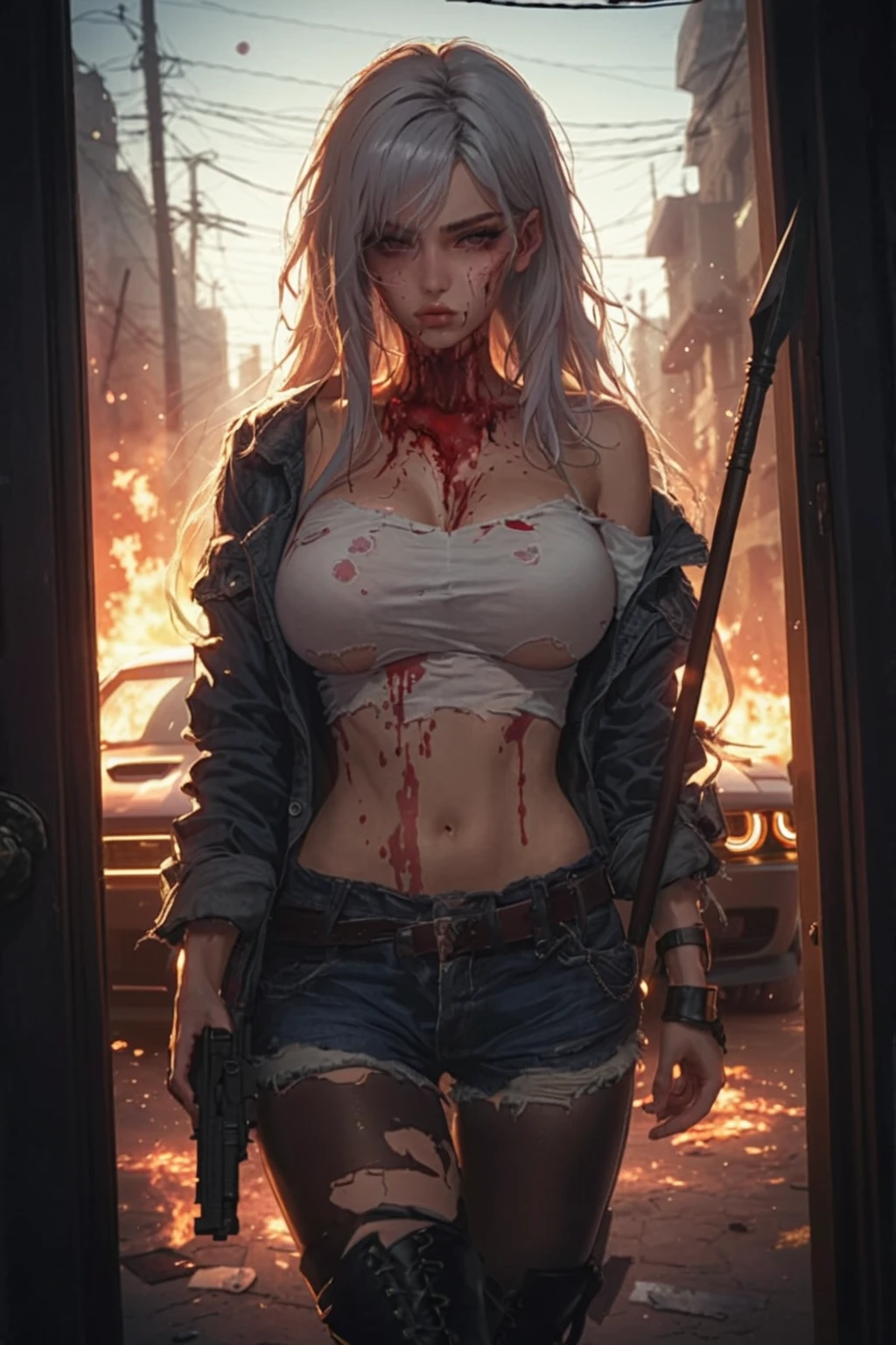 Imogen Poots (beautiful and bold, seductive and attractive, blue eyes, big breasts, dark lipstick, backpack on her back, sweaty body, short top, torn pants, boot, white hair, thick legs). (Train line, deserted road, dirt road, blood, zombies, smoke, fire, cars on fire, abandoned road, zombie movie, apocalyptic scenario, cinematic effect, night, cold), (Best quality, masterpiece, depth of field, Full HD, 4K, richness of detail). Portrait style