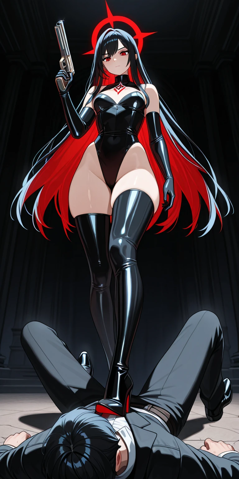 Tall, slim, She has long grey hair tied back in an enormous, messy ponytail that reaches down to her thighs, some of her hair is covering one of her eyes, she wears a red jacket over a black full-body suit, golden eyes