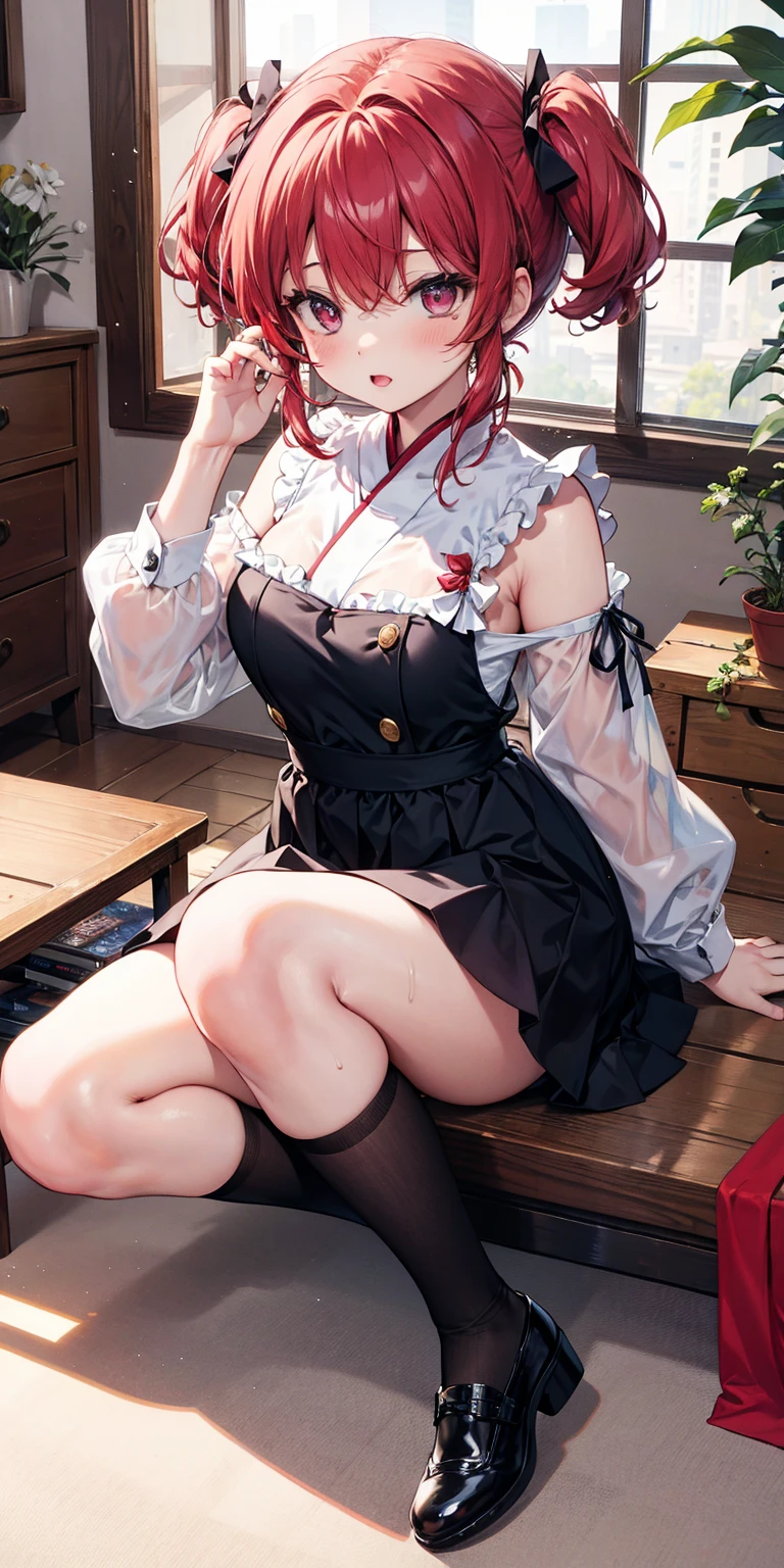 anime girl, 1 person, orange hair, glasses, Crown,maid,fox ear, Fox's tail, front view, big breasts, tights, sitting on desk,exposed chest, underwear, maid suit, shy, blushing, lifting skirt , bright sky, sitting cross-legged, high heels,exposed chest, underwear, middle-aged women, blushing, lifting skirt, showing off underwear, (full HD 4K+ image