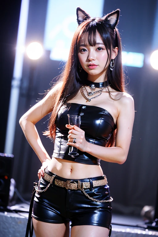 (8K、RAW Photos、Highest quality、masterpiece:1.2)、(Realistic、Realistic)、1 Girl、((one piece、ミニskirt、Belly button、skirt、boots、Big Breasts、whole body、stage、Spotlight、View from the front、Looking into the camera、Stand with one hand on your hip))、