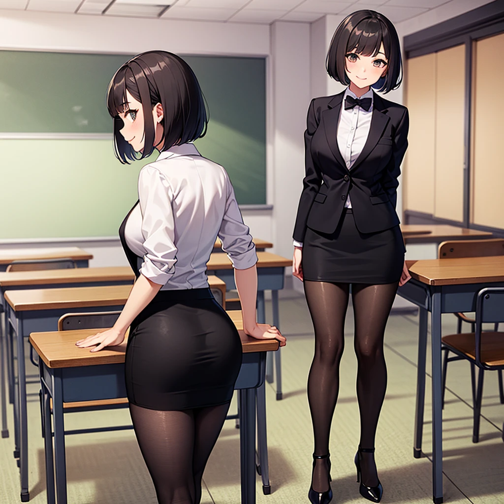 masterpiece, best quality, high definition images, atmospheric perspective, expressive eyes, perfect face, ultra detailed, solo, 1mature seductive woman sticking butt, alluring pose, female teacher, bending over, back view, black short bob hair, simple glasses, business suit, blouse, pencil skirt, tight mini skirt, spread legs, panties, curvy, thighs, pantyhose, high heals, from below, in study room,