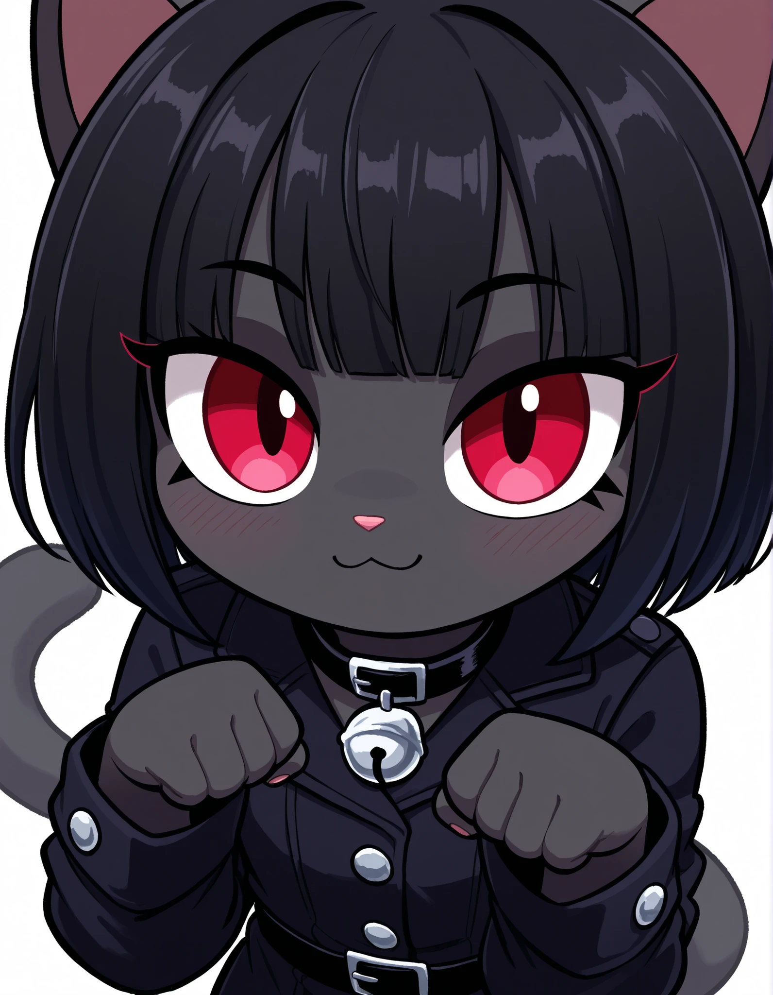 gaturo style, g4tur0,, masterpiece, best quality, very aesthetic, 1girl, solo, white background, looking at viewer, portrait, paw pose, :3, furry female, cat girl, animal ears, black hair, short hair, black skin, red eyes, cat tail, black jacket, buttons, long sleeves, black belt, collar, masterpiece, best quality,