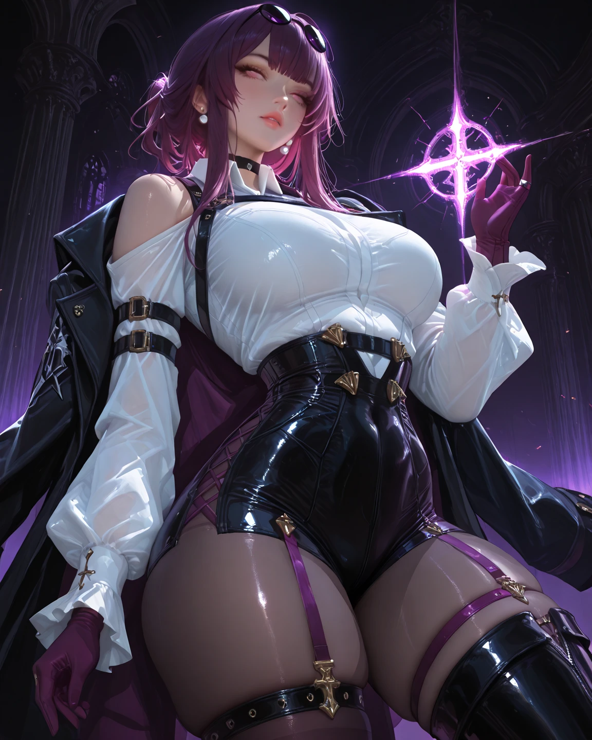 1girl, witch attire, pointy hat, purple hair, short hair, lipstick, purple eyes, big boobs, blue fire, blue flames, wallpaper, landscape, depth of field, blood, blood splatters, night, light particles, light rays, sidelighting, thighs, open jacket, skirt, thighhighs, hand on hips, finger on lips