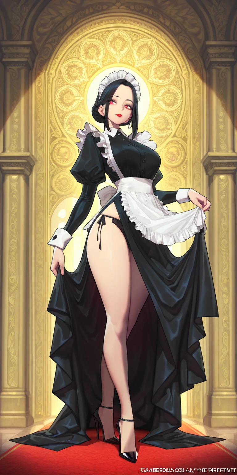 celestia ludenberg, young woman, half body view, cute face, wide hips, wearing maid outfit, micro skirt, little crown,
