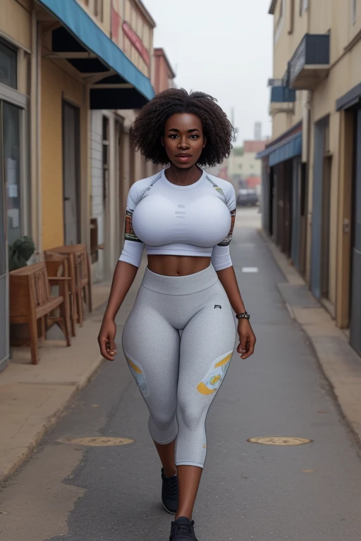 Short black hair, tall, shiny skin, oiled skin, huge breasts, fit, very dark skin, ebony skin, long legs, angry smile, cameltoe, midriff, leggins, cleavage