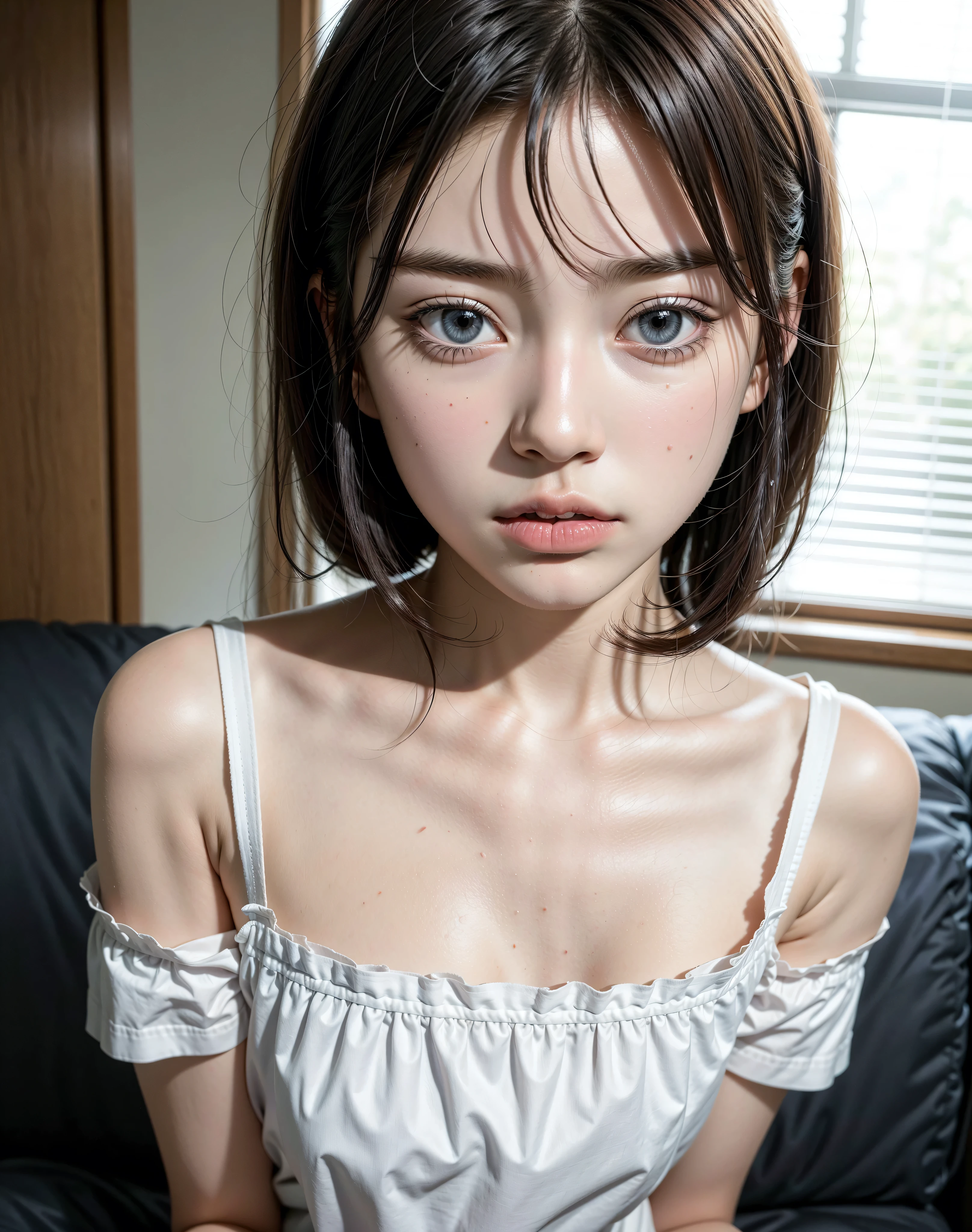 NSFW,4K,((Highest quality)),((masterpiece)),BREAK,((one girl)),(detailed),(in classroom),((One girl)),((perfect anatomy)),nsfw,((nude)),(naked),((12 years old)),((flat chest:1.6)),(stare at viewer with stern eyes:1.5),((one girl)),(bitting own lip:1.1),(angry:0.9),nose blush,(shamefull:1.2),(bob cut hair),(beautiful hair),surprised, ((beautiful realistic face)),((skinny:1.3)),Beautiful Korean Women, Beautiful young Korean woman, Young and adorable Korean face, Gorgeous Young Korean Woman, Korean Girls, Girl cute beautiful face, Portraits of Korean female idols, Young and pretty Asian face, Cute natural anime face,Asian pretty face,((finely detailed face)),((glistening eyes)),((glistening eyes )),((large eyes)),(( pretty eyes)),(detailed),Perfect Face,((One girl)), ((clear eyes)),((show nipples)),((beautiful skin)),((A bow tie)), don't wear anything ,(upper body),(Equal left and right eyes), (nsfw:1.5),(show nipples),(don't wear anything),(nipples facing upwards),